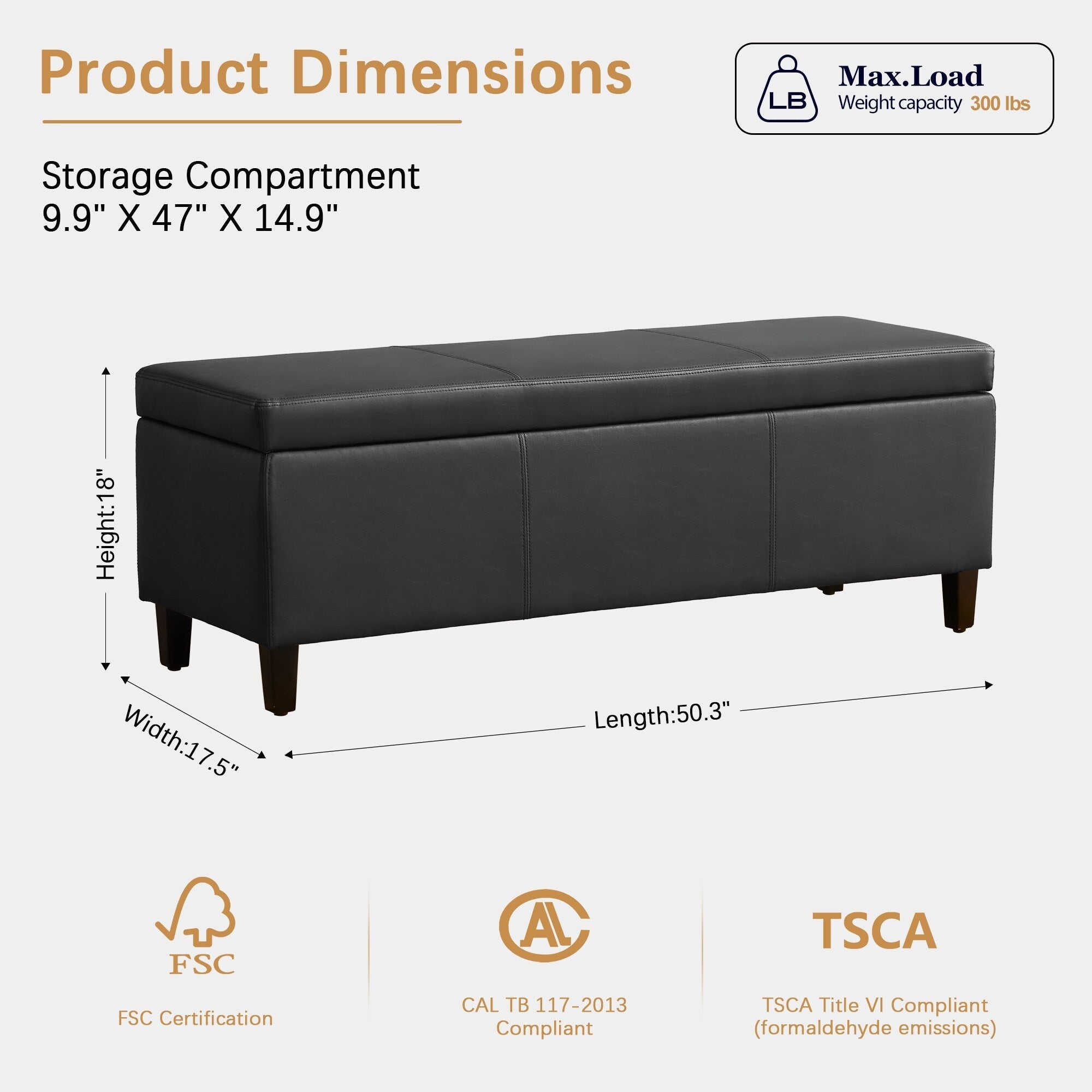 Pouf contenitore rettangolare imbottito 50,3 x 17,50 x 18 in similpelle