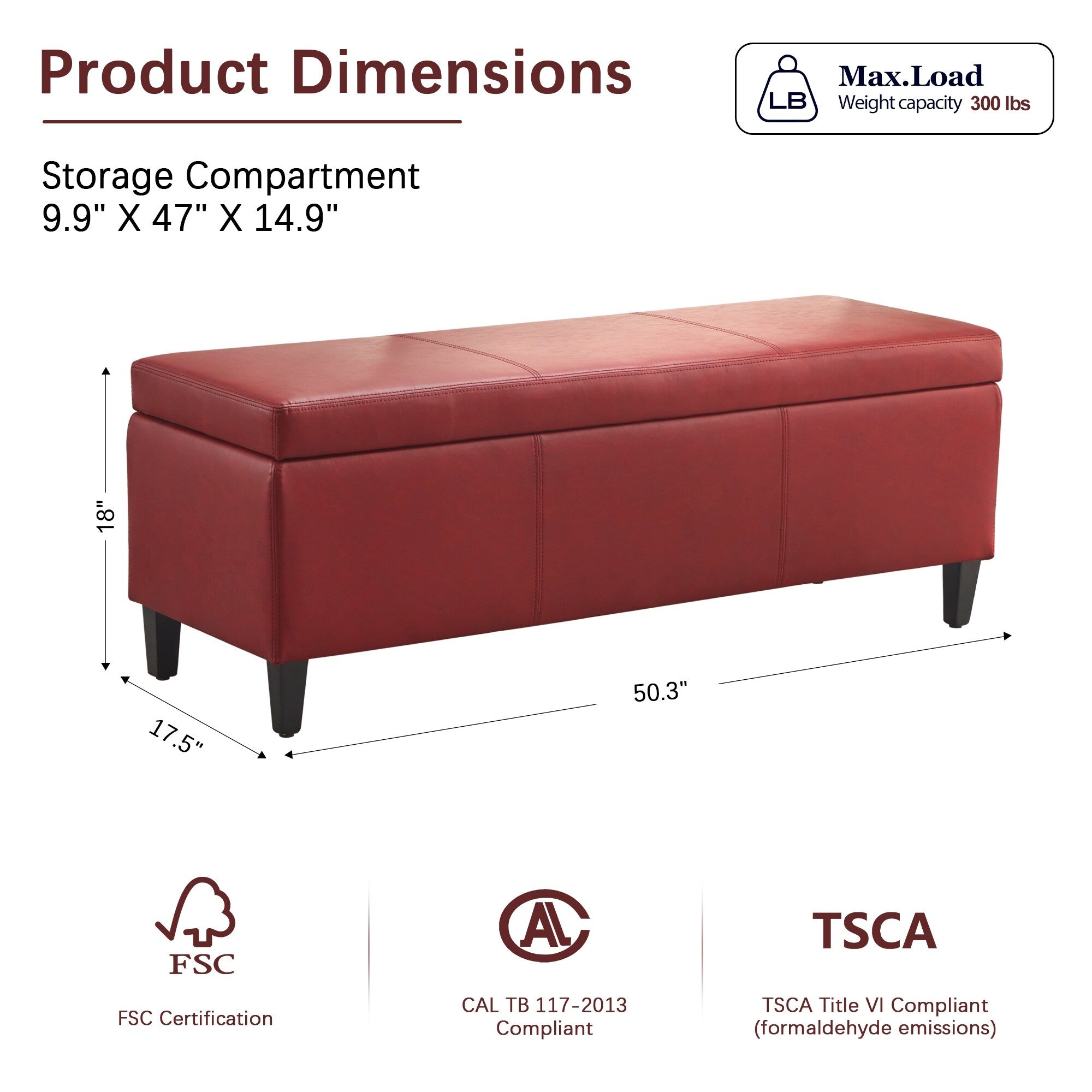 Pouf contenitore rettangolare imbottito 50,3 x 17,50 x 18 in similpelle