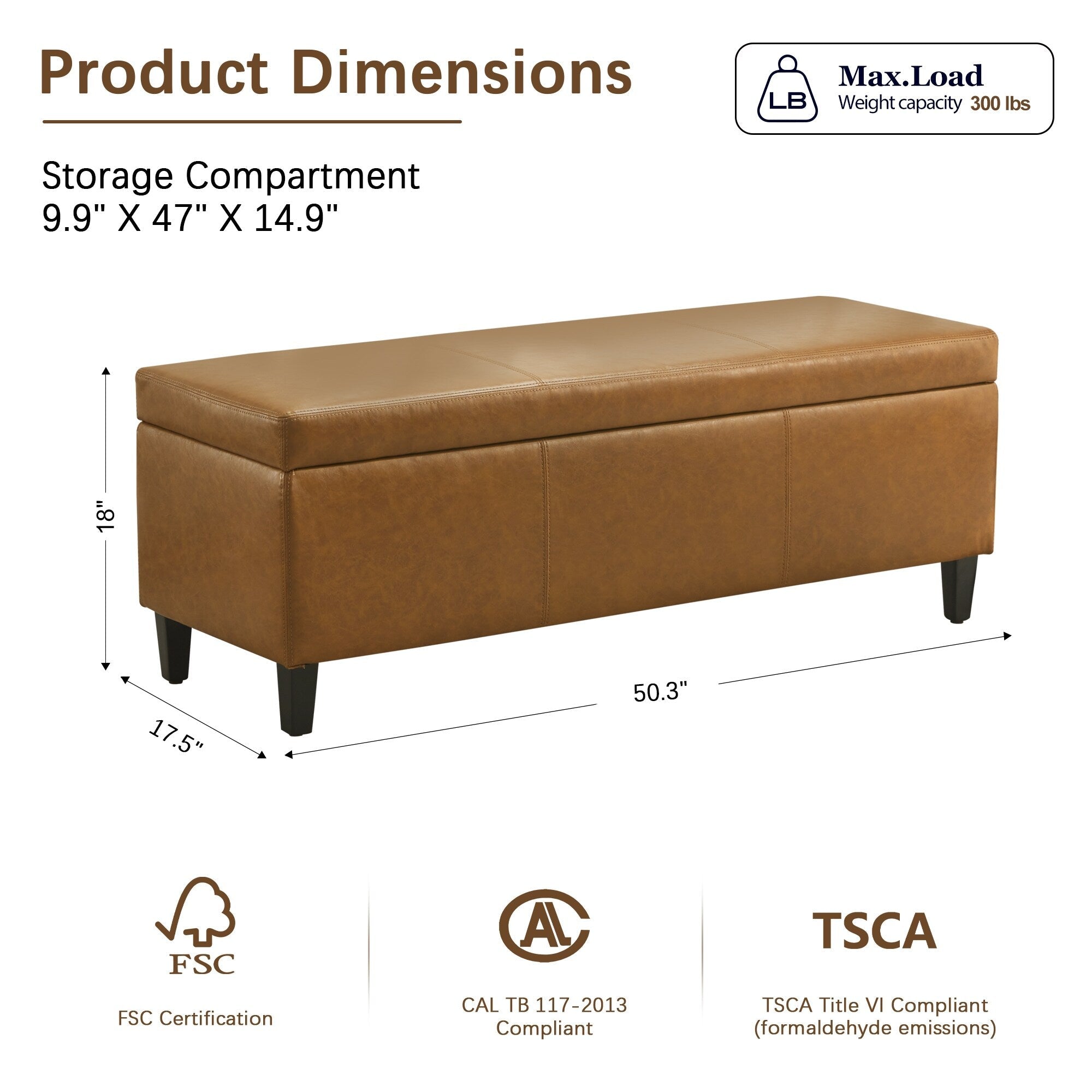 Pouf contenitore rettangolare imbottito 50,3 x 17,50 x 18 in similpelle