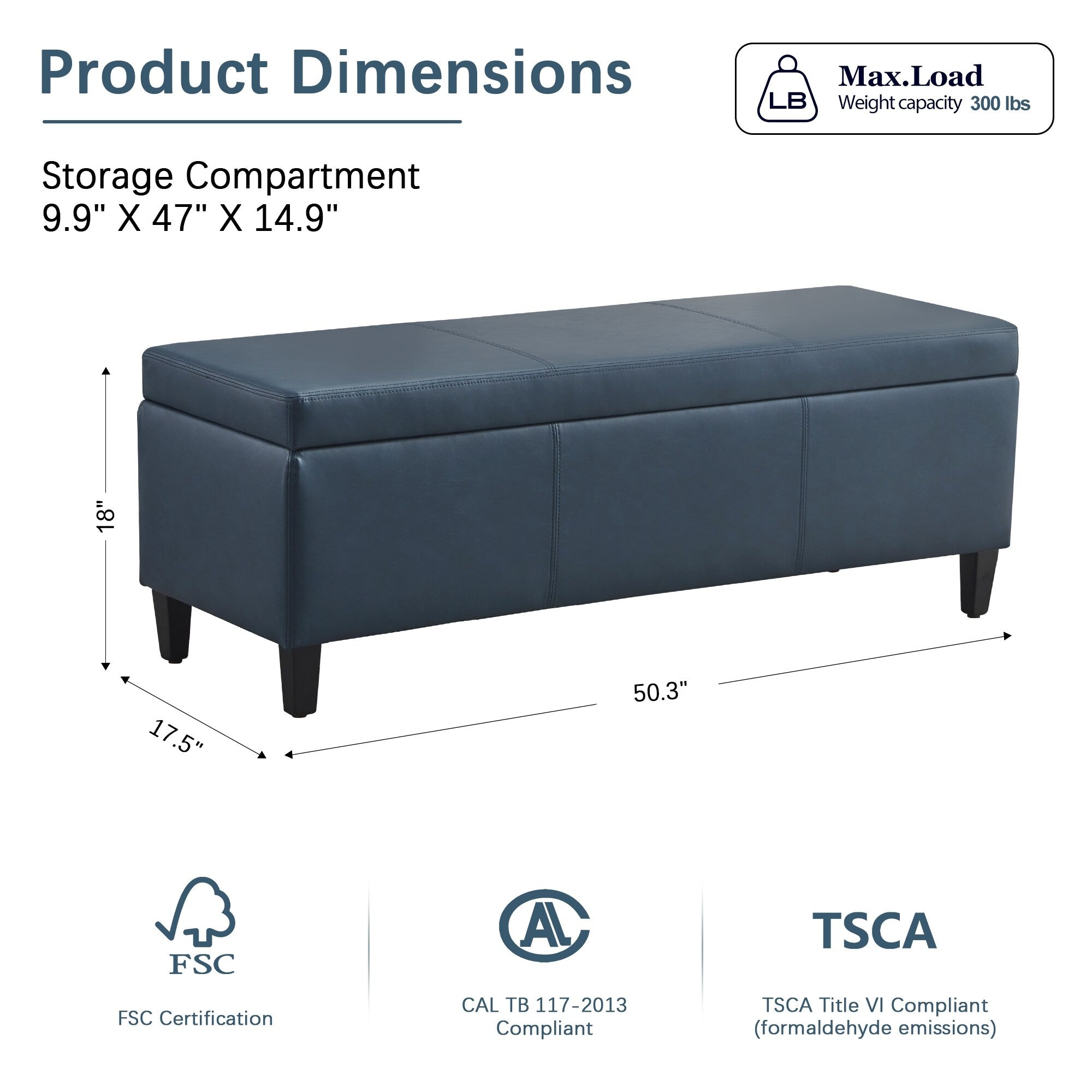 Pouf contenitore rettangolare imbottito 50,3 x 17,50 x 18 in similpelle