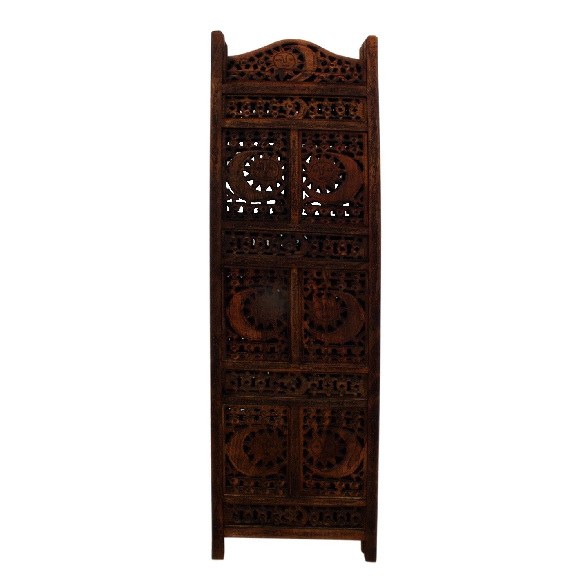 Divisorio pieghevole in legno a 4 pannelli con design sole e luna intagliato a mano, marrone