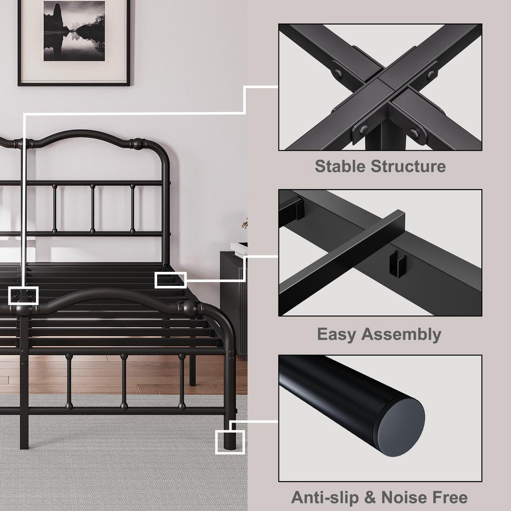 Telaio per letto in metallo resistente da 14 pollici con stile vintage, supporta fino a 2500 libbre, facile da montare e senza cigolii