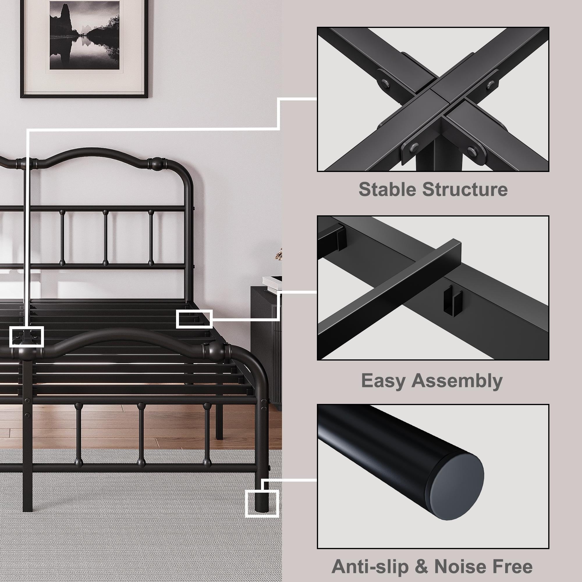 Telaio per letto in metallo resistente da 14 pollici con stile vintage, supporta fino a 2500 libbre, facile da montare e senza cigolii