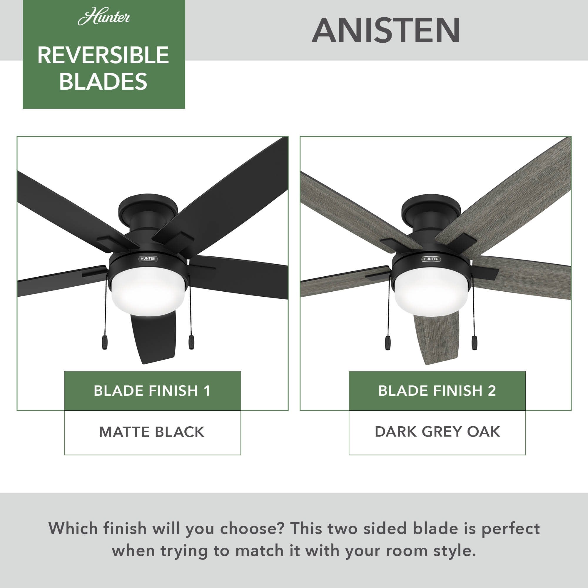 Ventilatore da soffitto Hunter 52 Anisten a basso profilo con luce LED e catenella - Moderno, contemporaneo, di transizione