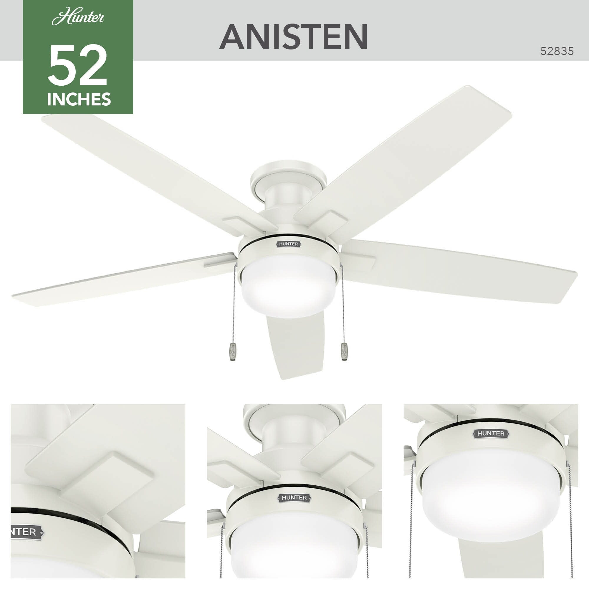 Ventilatore da soffitto Hunter 52 Anisten a basso profilo con luce LED e catenella - Moderno, contemporaneo, di transizione