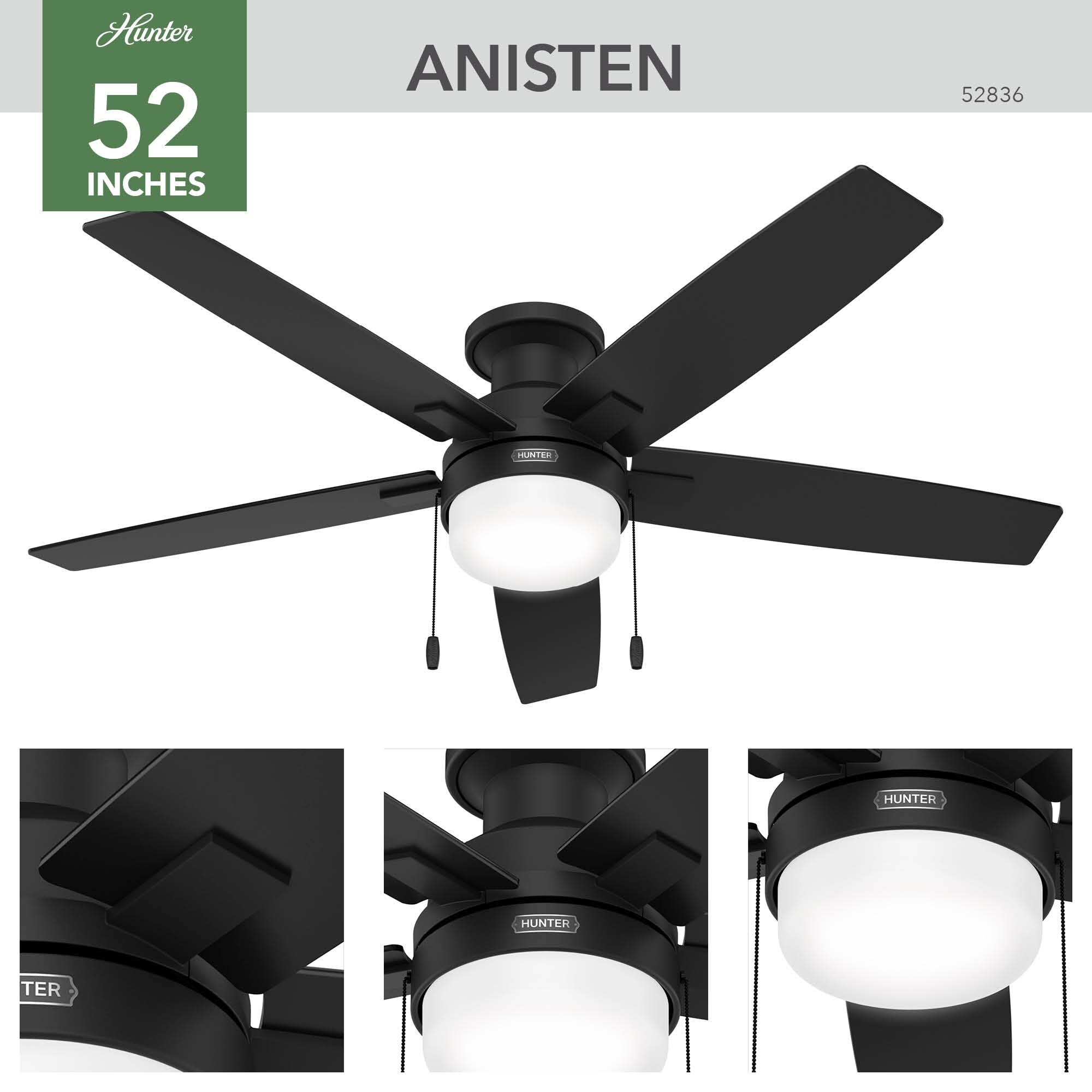 Ventilatore da soffitto Hunter 52 Anisten a basso profilo con luce LED e catenella - Moderno, contemporaneo, di transizione
