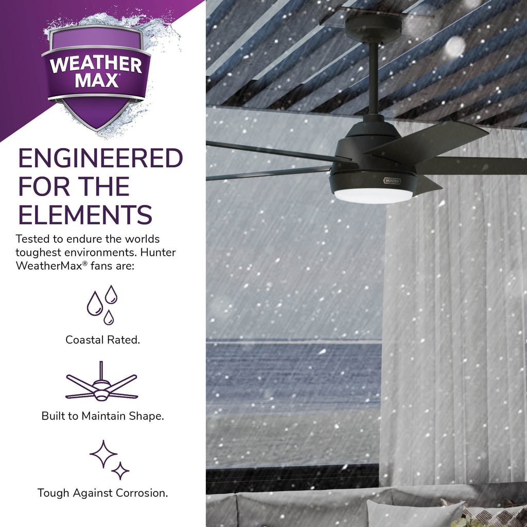 Ventilatore da soffitto per esterni Hunter 52 Skyflow con kit di luci a LED, controllo a parete - Stile moderno e contemporaneo costiero - WeatherMax - ANTIPIOGGIA!