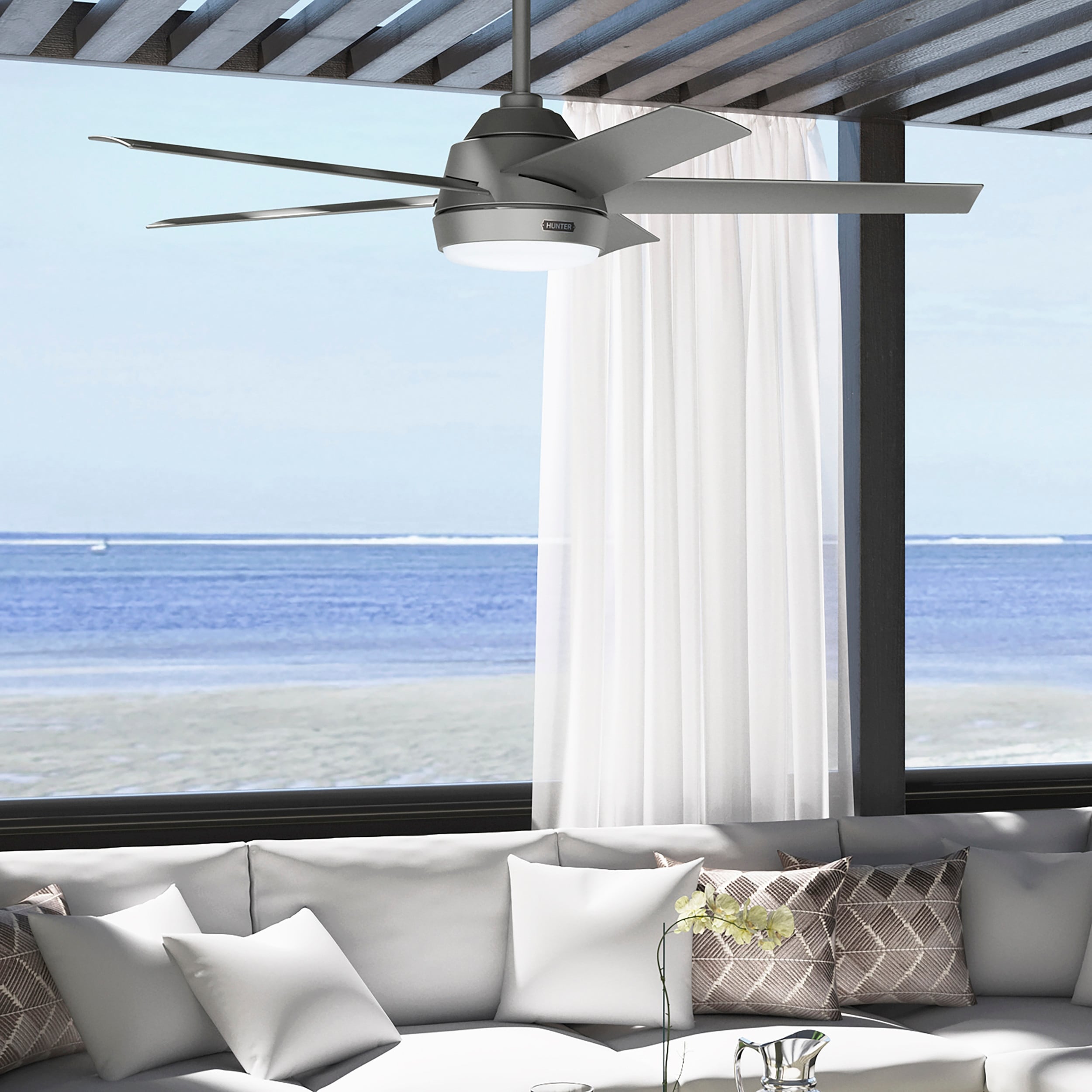 Ventilatore da soffitto per esterni Hunter 52 Skyflow con kit di luci a LED, controllo a parete - Stile moderno e contemporaneo costiero - WeatherMax - ANTIPIOGGIA!