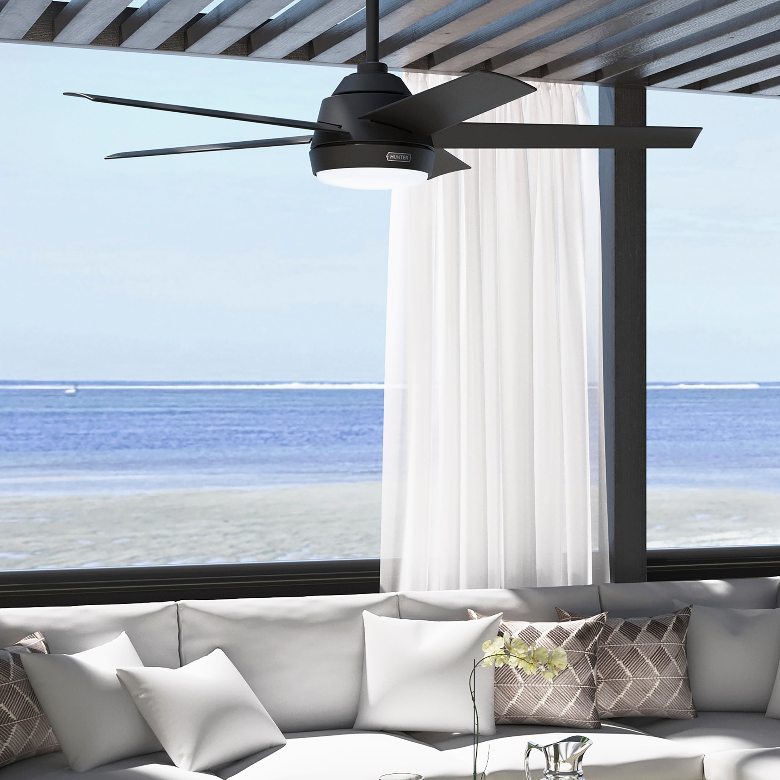 Ventilatore da soffitto per esterni Hunter 52 Skyflow con kit di luci a LED, controllo a parete - Stile moderno e contemporaneo costiero - WeatherMax - ANTIPIOGGIA!