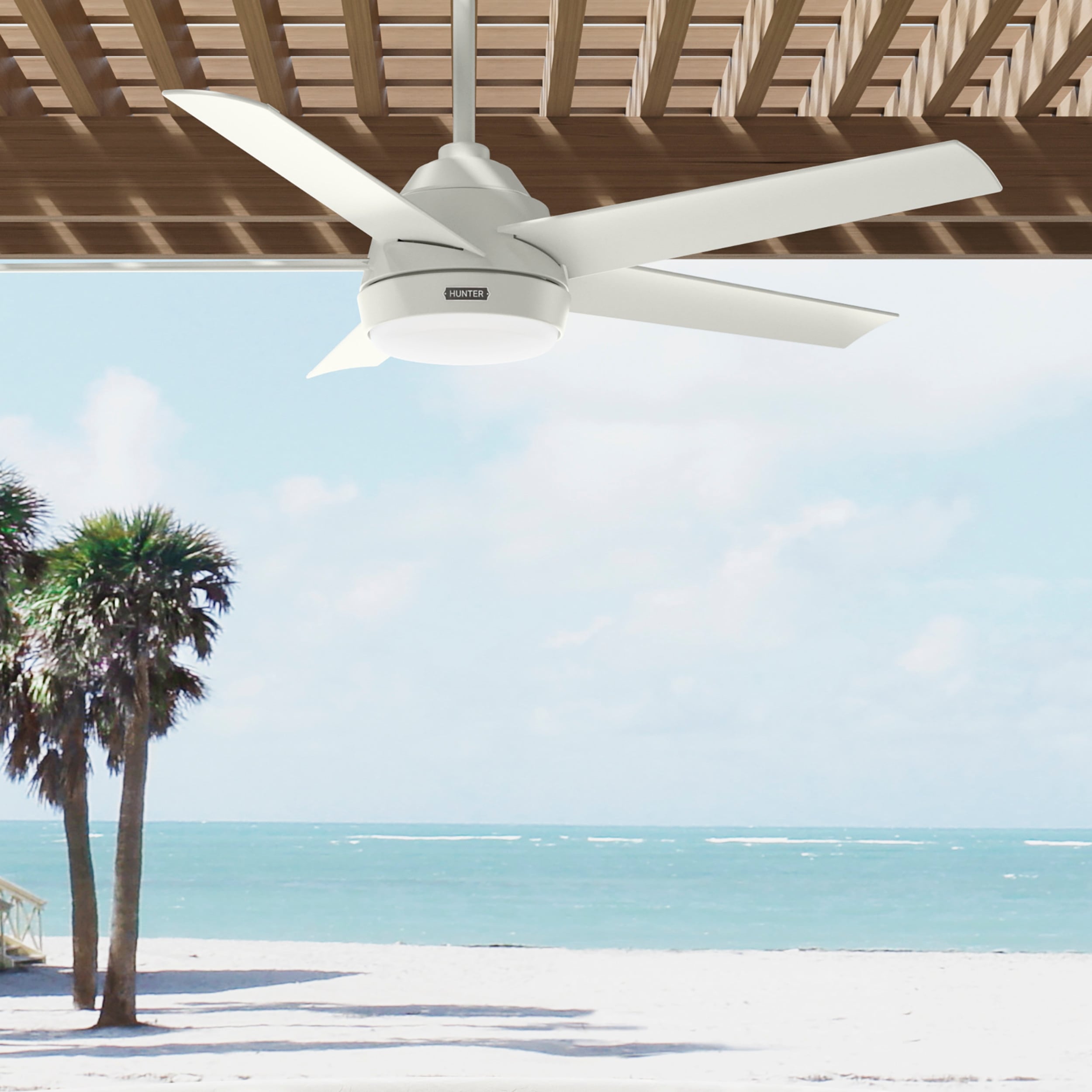 Ventilatore da soffitto per esterni Hunter 52 Skyflow con kit di luci a LED, controllo a parete - Stile moderno e contemporaneo costiero - WeatherMax - ANTIPIOGGIA!