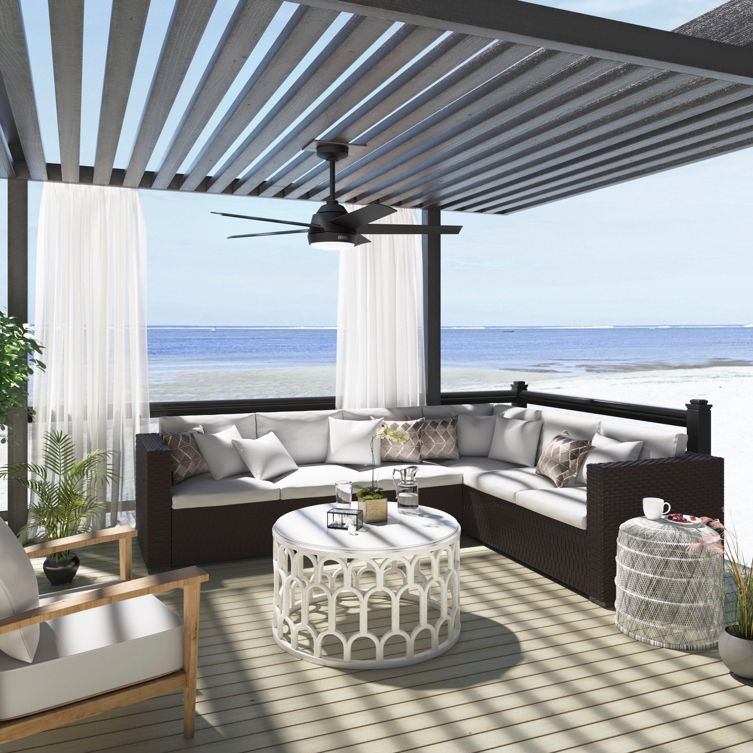 Ventilatore da soffitto per esterni Hunter 52 Skyflow con kit di luci a LED, controllo a parete - Stile moderno e contemporaneo costiero - WeatherMax - ANTIPIOGGIA!