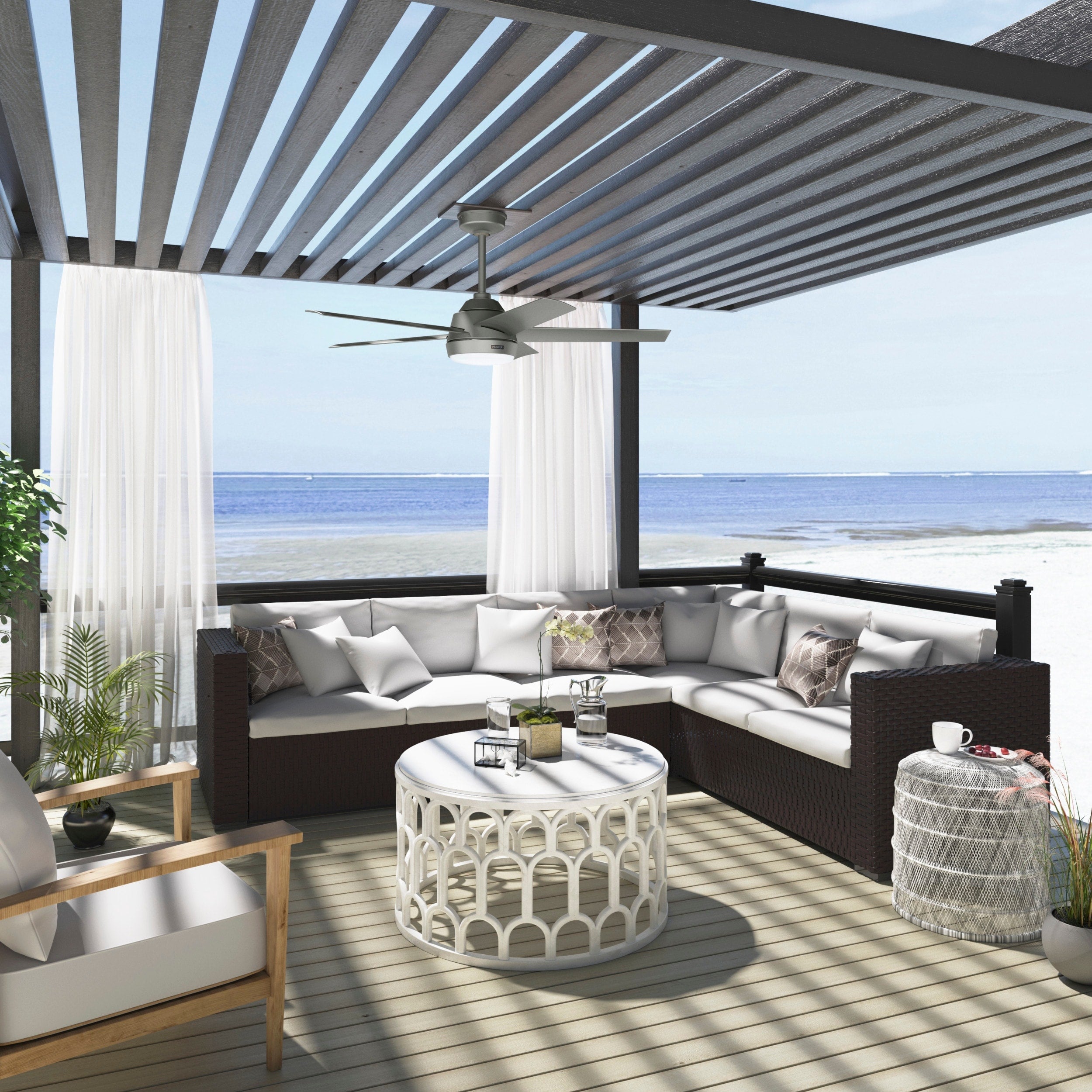 Ventilatore da soffitto per esterni Hunter 52 Skyflow con kit di luci a LED, controllo a parete - Stile moderno e contemporaneo costiero - WeatherMax - ANTIPIOGGIA!
