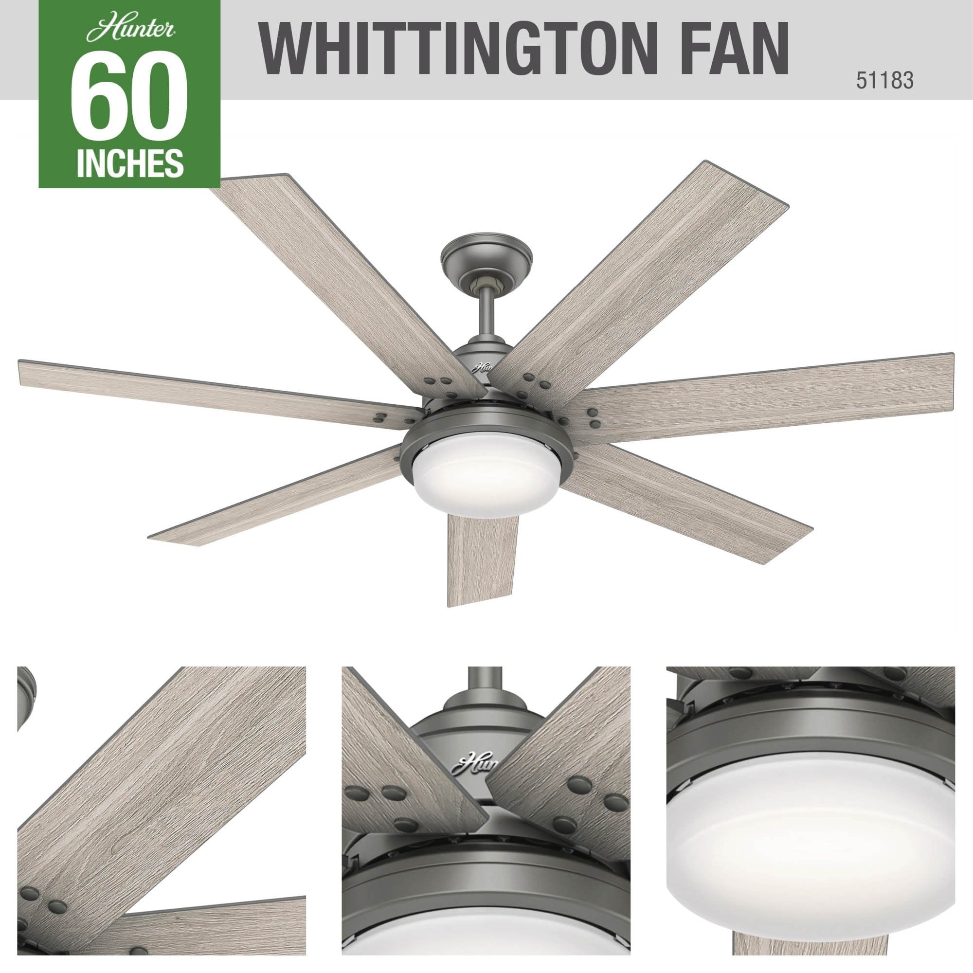 Ventilatore da soffitto Hunter WiFi Whittington con luce LED, telecomando portatile - Mulino a vento - Industriale, da fattoria, rustico - VENTILATORE INTELLIGENTE!
