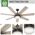 Ventilatore da soffitto Hunter WiFi Whittington con luce LED, telecomando portatile - Mulino a vento - Industriale, da fattoria, rustico - VENTILATORE INTELLIGENTE!