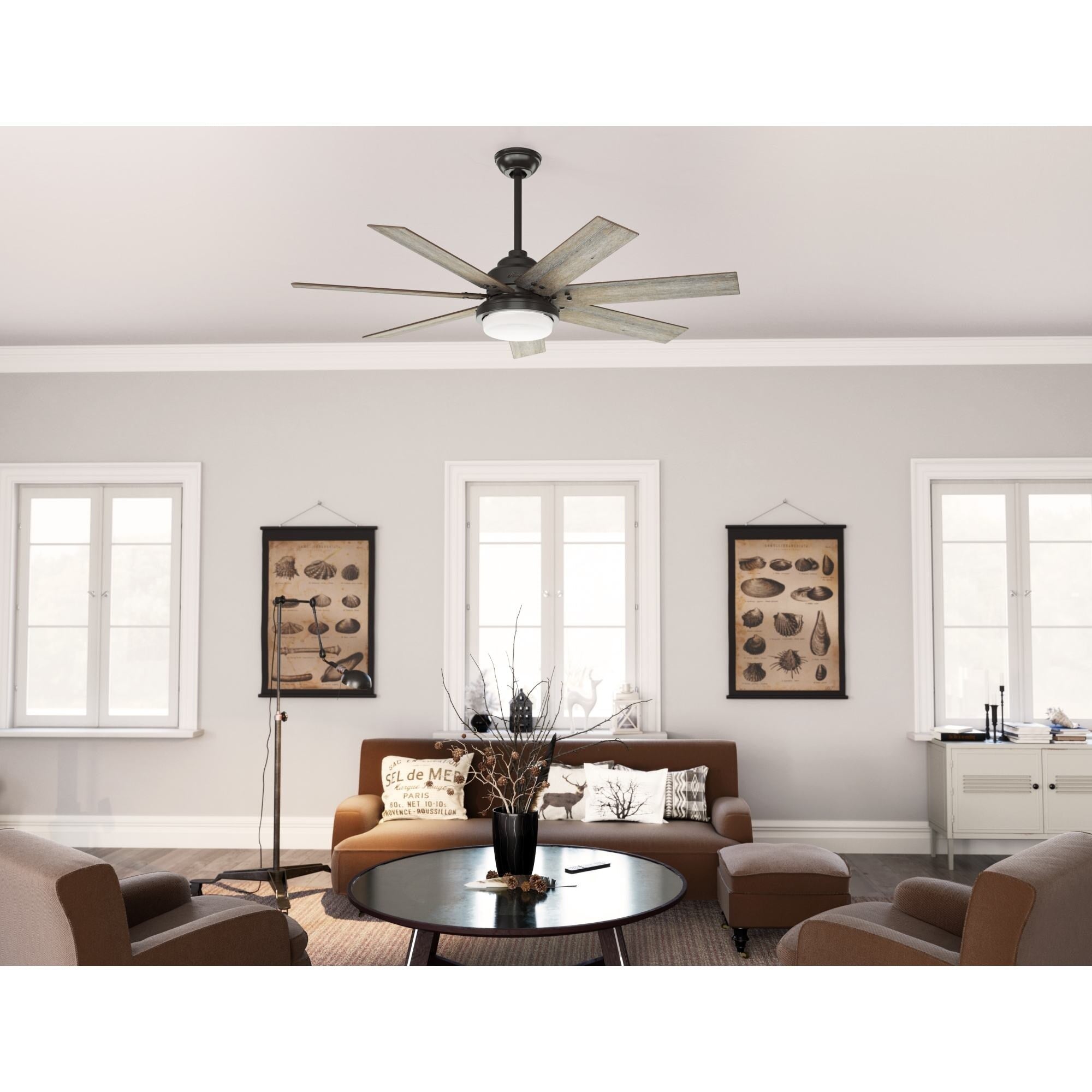 Ventilatore da soffitto Hunter WiFi Whittington con luce LED, telecomando portatile - Mulino a vento - Industriale, da fattoria, rustico - VENTILATORE INTELLIGENTE!
