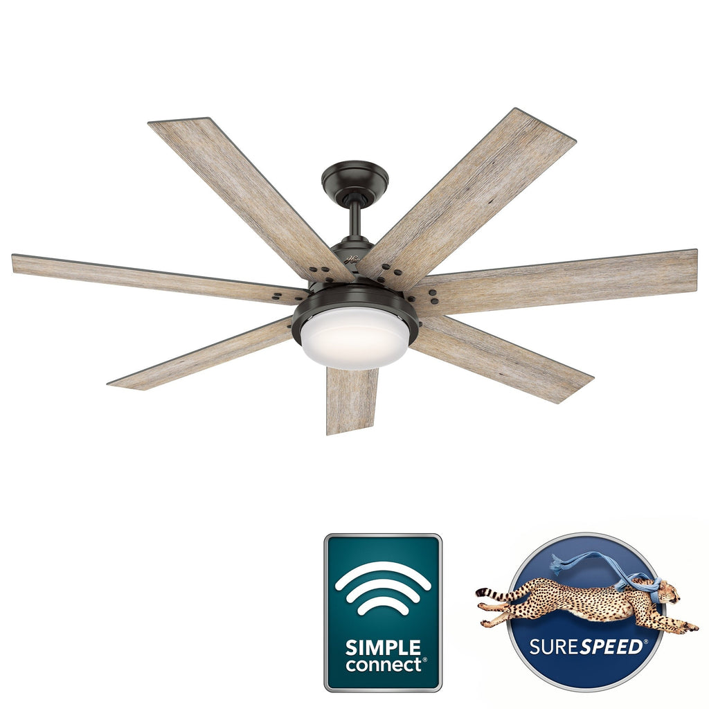 Ventilatore da soffitto Hunter WiFi Whittington con luce LED, telecomando portatile - Mulino a vento - Industriale, da fattoria, rustico - VENTILATORE INTELLIGENTE!