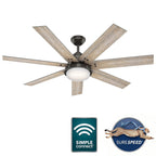 Ventilatore da soffitto Hunter WiFi Whittington con luce LED, telecomando portatile - Mulino a vento - Industriale, da fattoria, rustico - VENTILATORE INTELLIGENTE!