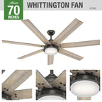 Ventilatore da soffitto Hunter WiFi Whittington con luce LED, telecomando portatile - Mulino a vento - Industriale, da fattoria, rustico - VENTILATORE INTELLIGENTE!