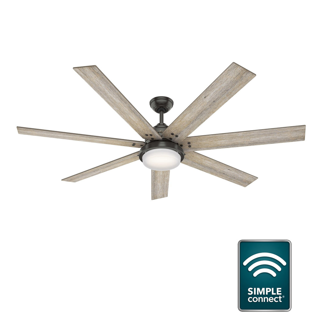 Ventilatore da soffitto Hunter WiFi Whittington con luce LED, telecomando portatile - Mulino a vento - Industriale, da fattoria, rustico - VENTILATORE INTELLIGENTE!