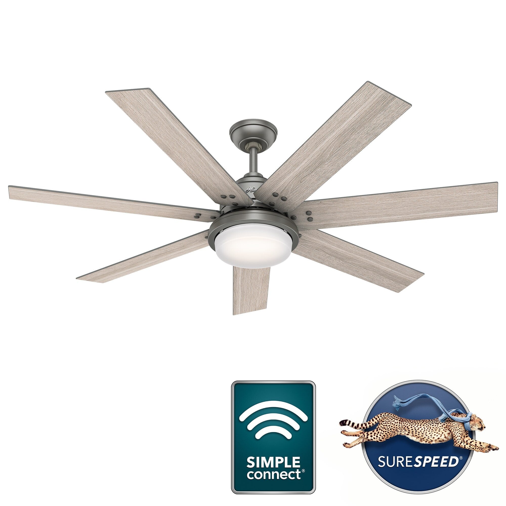 Ventilatore da soffitto Hunter WiFi Whittington con luce LED, telecomando portatile - Mulino a vento - Industriale, da fattoria, rustico - VENTILATORE INTELLIGENTE!