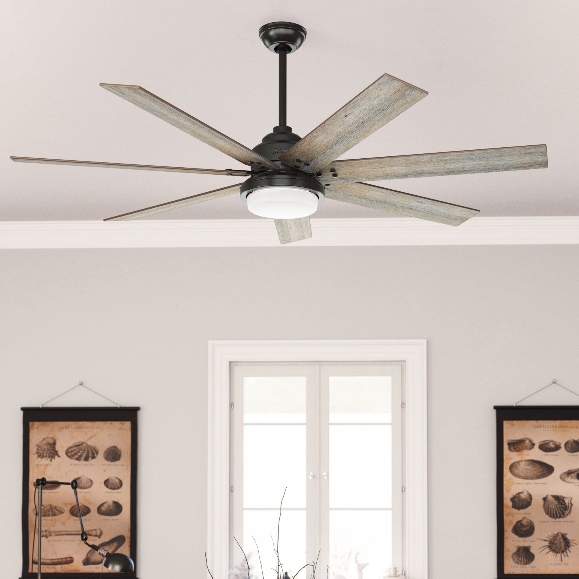 Ventilatore da soffitto Hunter WiFi Whittington con luce LED, telecomando portatile - Mulino a vento - Industriale, da fattoria, rustico - VENTILATORE INTELLIGENTE!