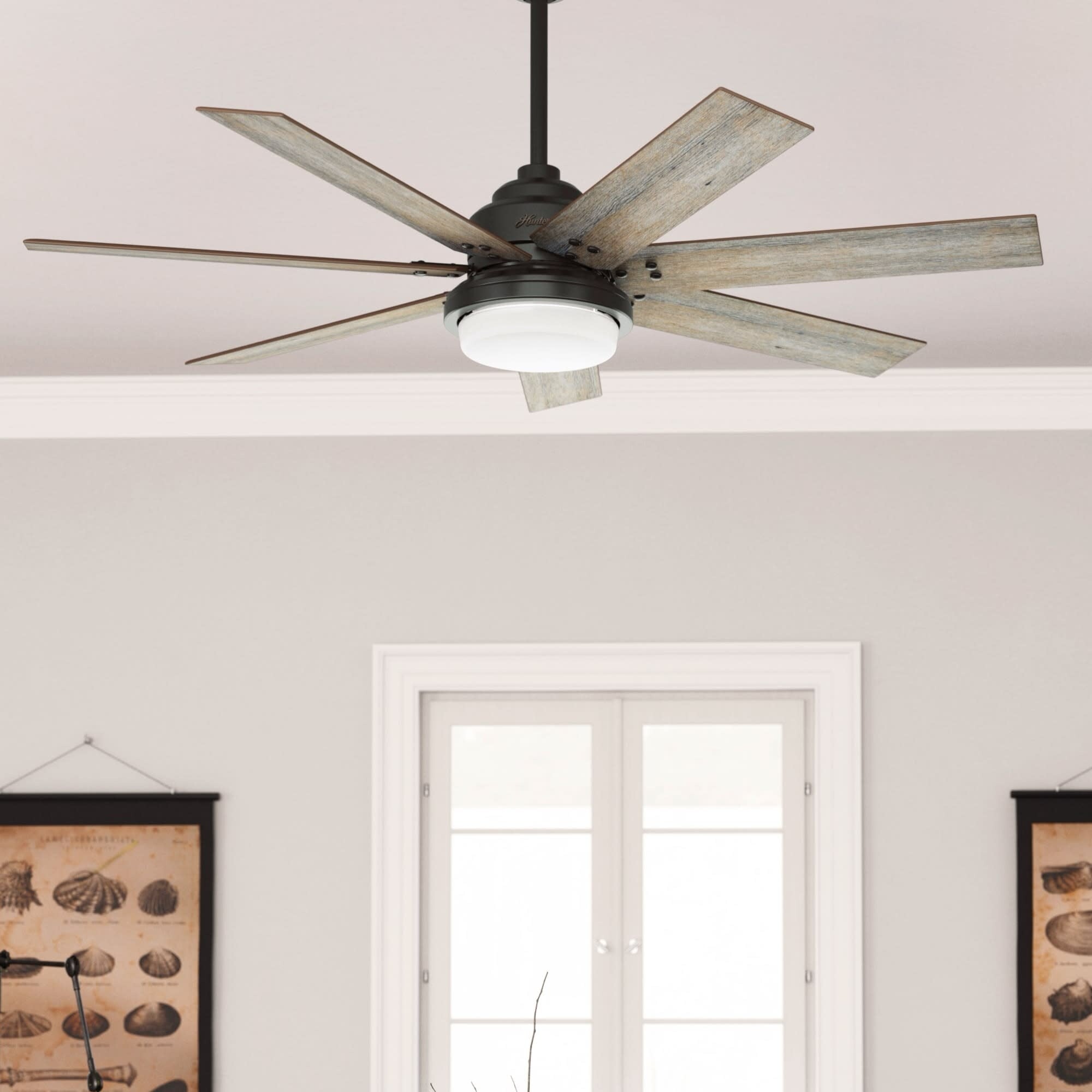 Ventilatore da soffitto Hunter WiFi Whittington con luce LED, telecomando portatile - Mulino a vento - Industriale, da fattoria, rustico - VENTILATORE INTELLIGENTE!