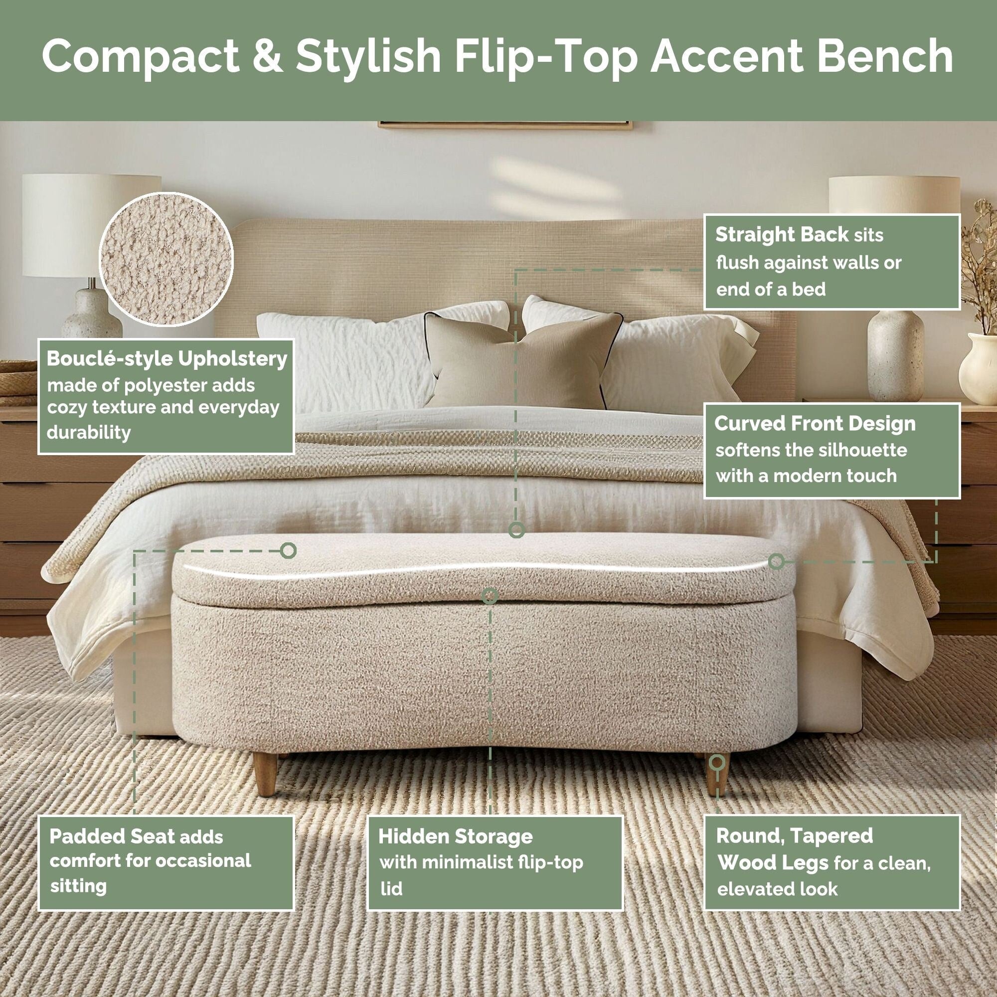 Panca contenitore curva in stile bouclé Bailey INK IVY