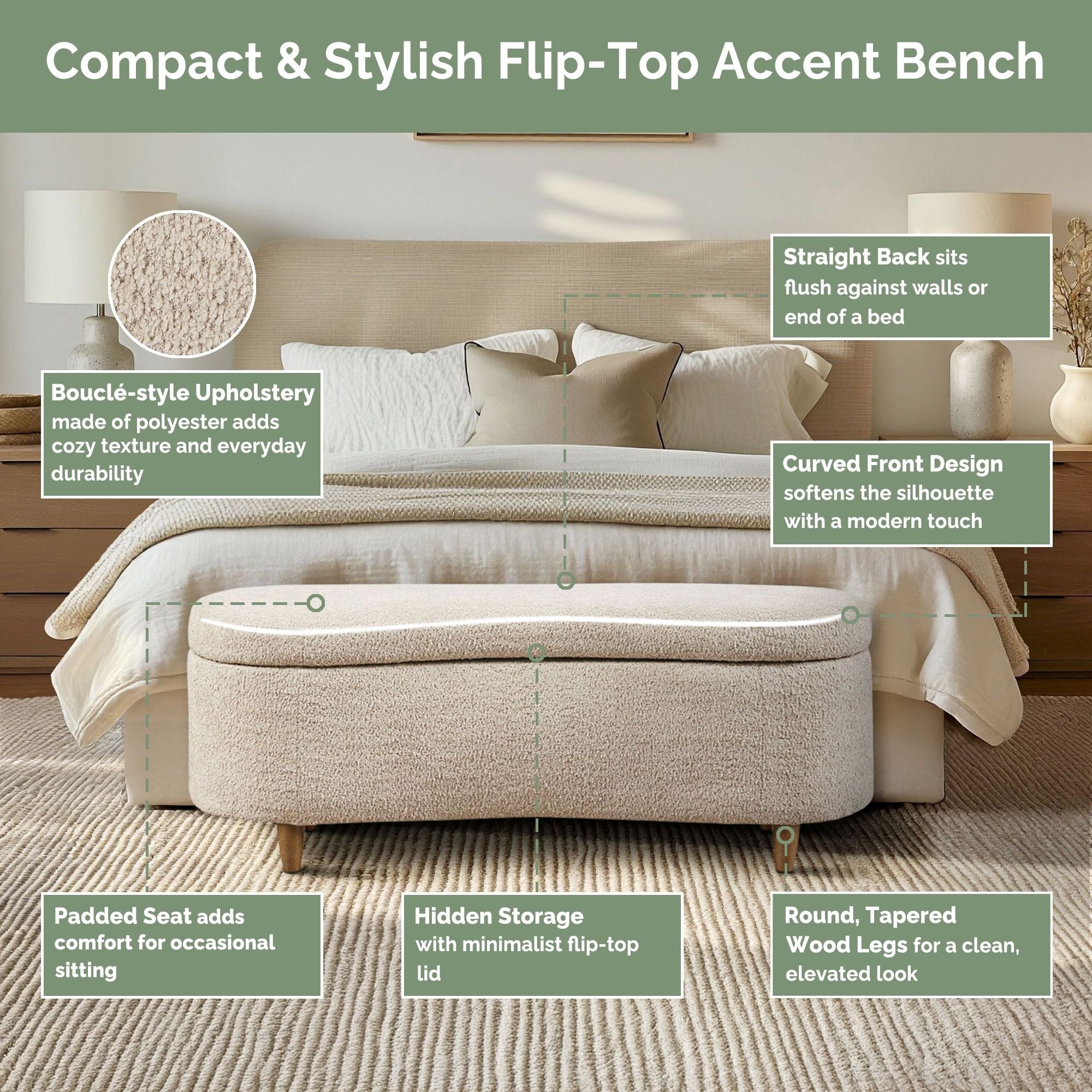 Panca contenitore curva in stile bouclé Bailey INK IVY