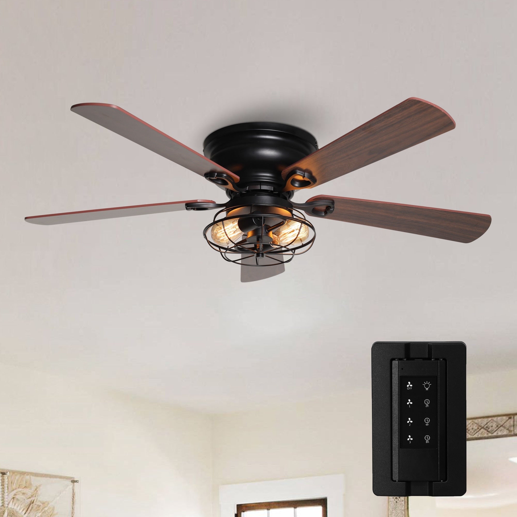 Ventilatore da soffitto nero a filo basso in legno da 48 pollici, 5 pale, modello Farmhouse, con telecomando e kit luci