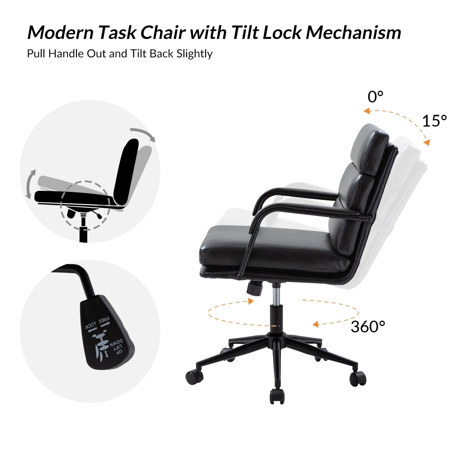 Sedia Joseph Modern Task in similpelle con blocco dell'inclinazione e inclinazione centrale di HULALA HOME