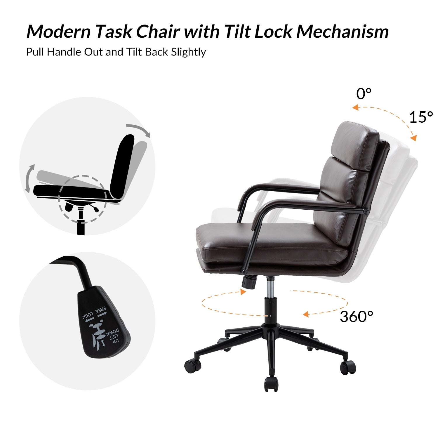 Sedia Joseph Modern Task in similpelle con blocco dell'inclinazione e inclinazione centrale di HULALA HOME