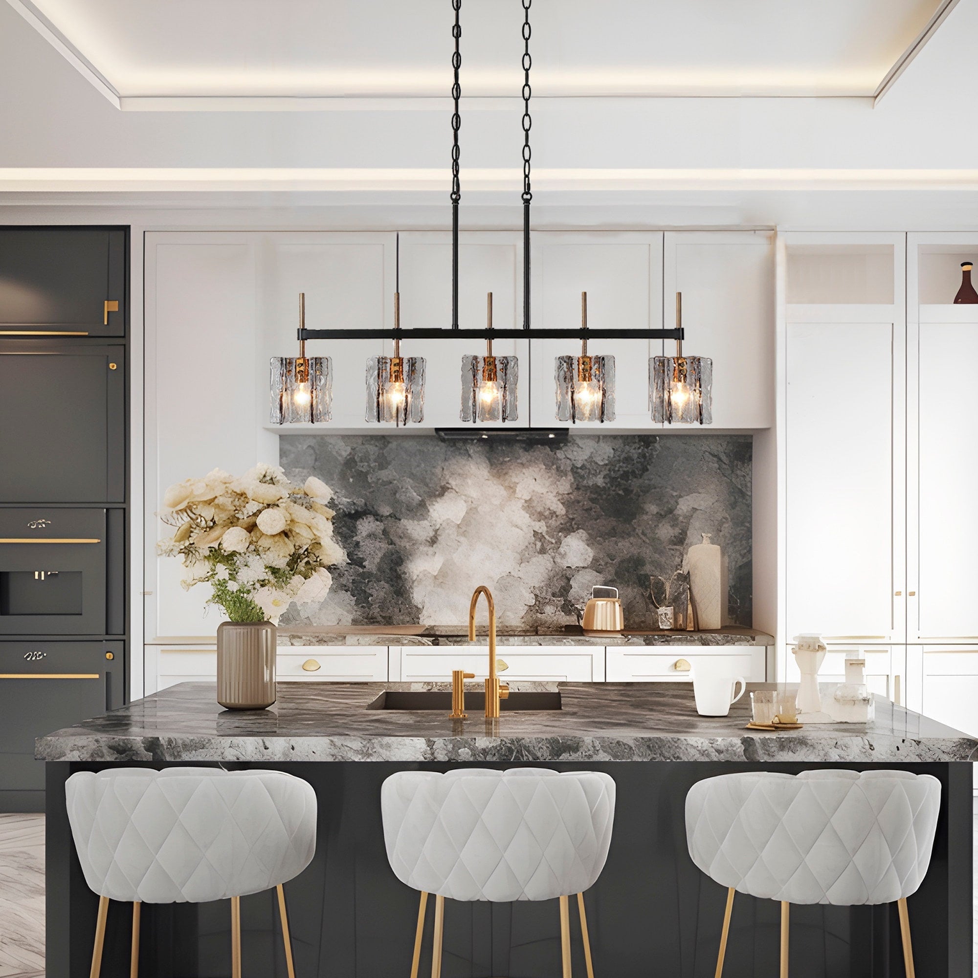 Lampadario lineare moderno Kasy a 5 luci con isola da cucina in vetro testurizzato, design unico