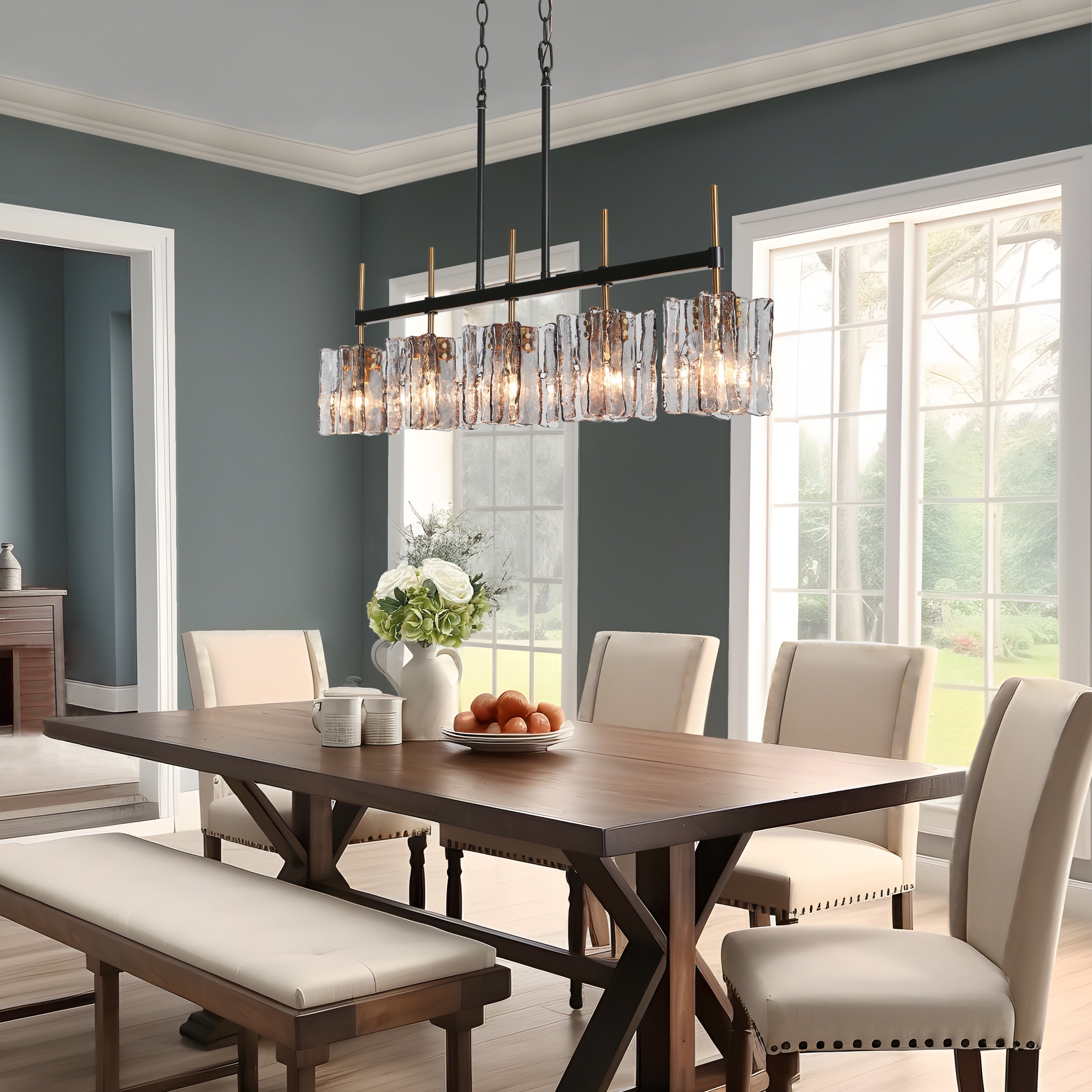 Lampadario lineare moderno Kasy a 5 luci con isola da cucina in vetro testurizzato, design unico