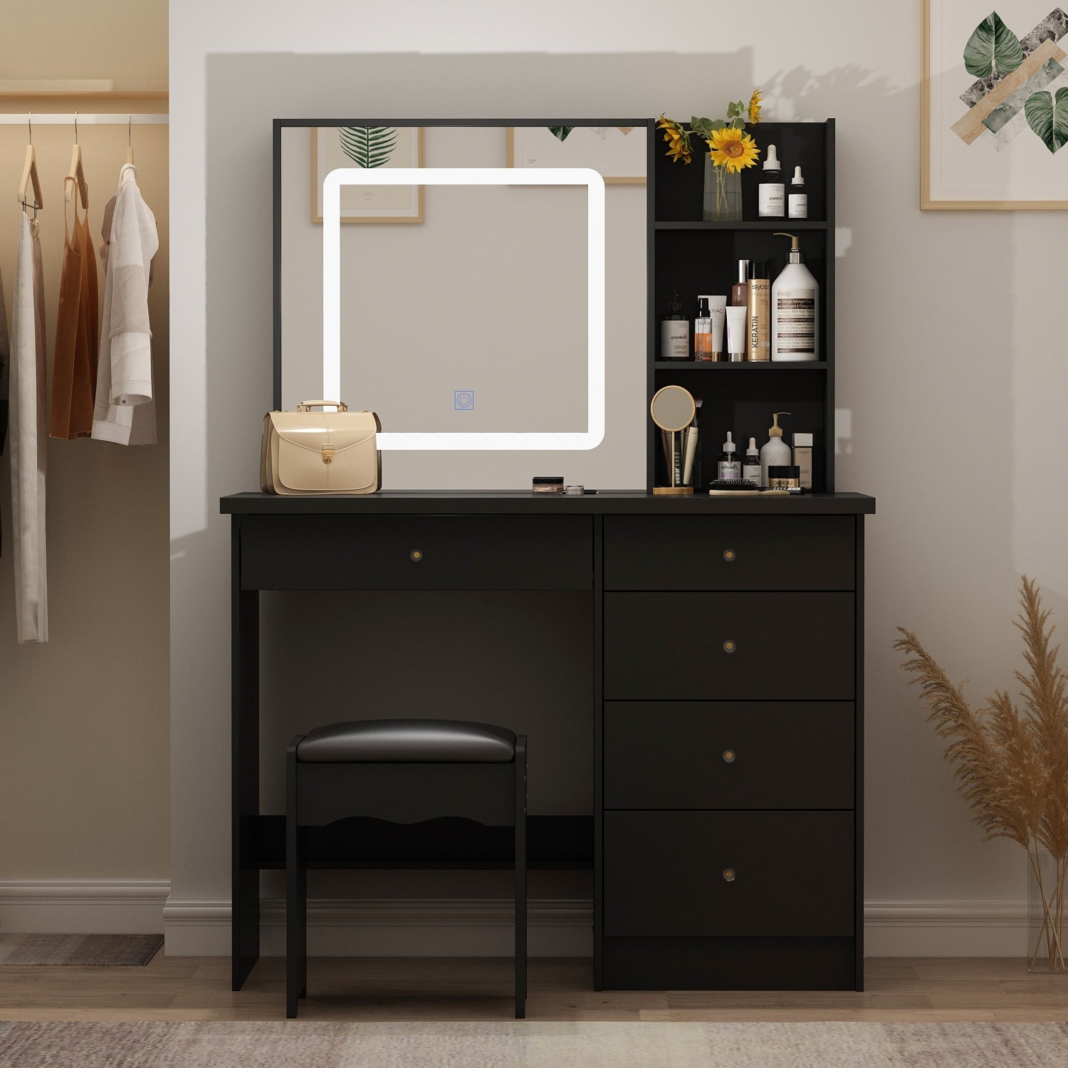 Set da trucco Kerrogee con specchio illuminato regolabile e sgabello - 39,4 L x 19,7 W x 53,5 H