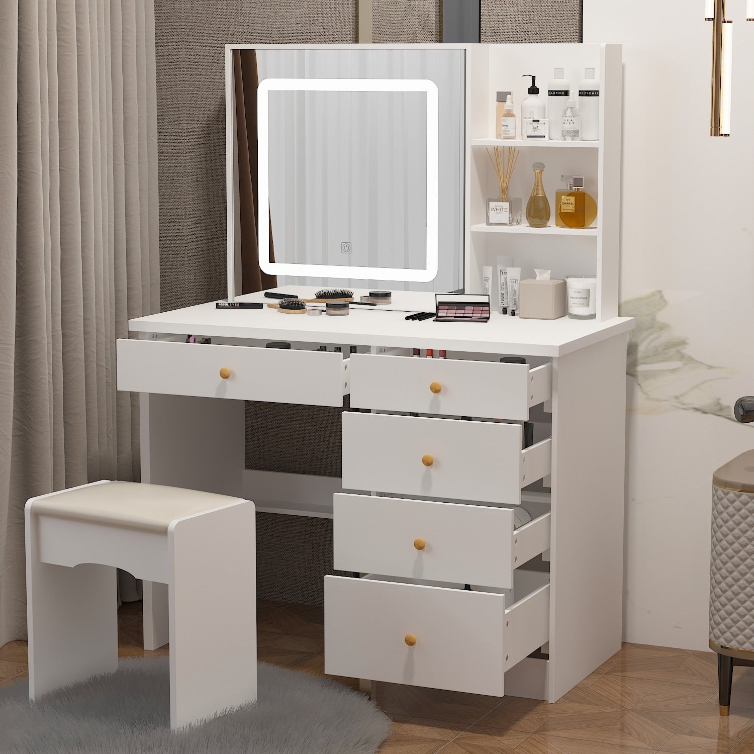 Set da trucco Kerrogee con specchio illuminato regolabile e sgabello - 39,4 L x 19,7 W x 53,5 H