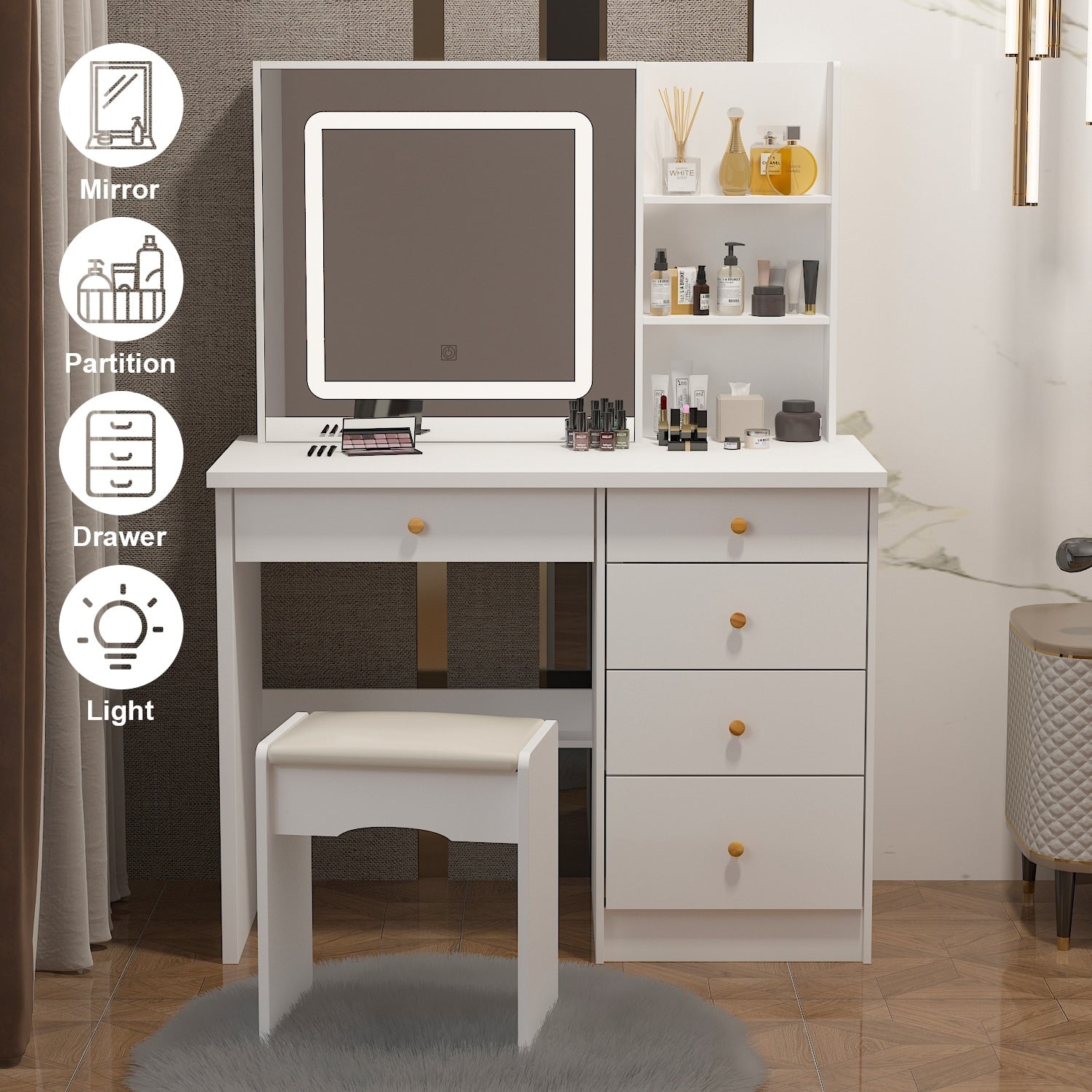 Set da trucco Kerrogee con specchio illuminato regolabile e sgabello - 39,4 L x 19,7 W x 53,5 H