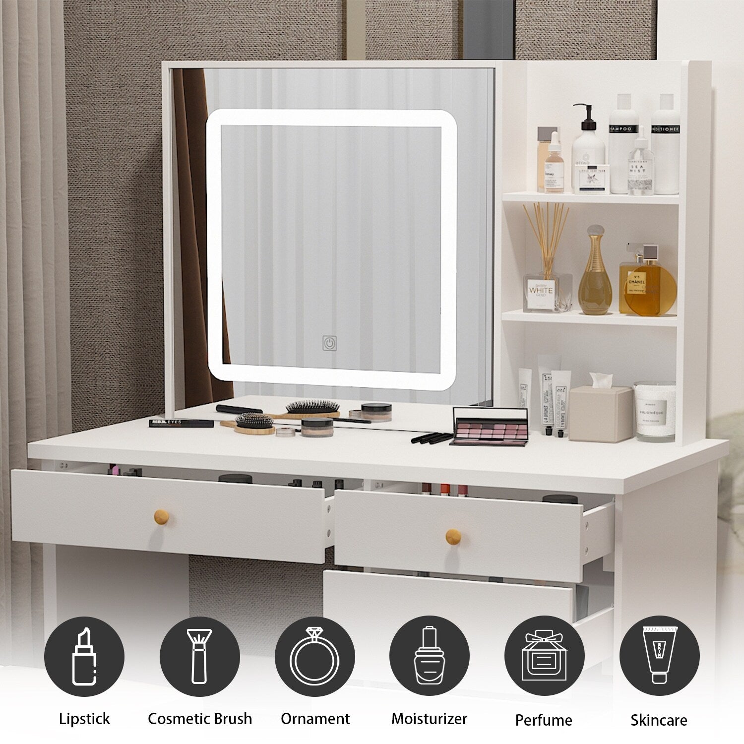 Set da trucco Kerrogee con specchio illuminato regolabile e sgabello - 39,4 L x 19,7 W x 53,5 H