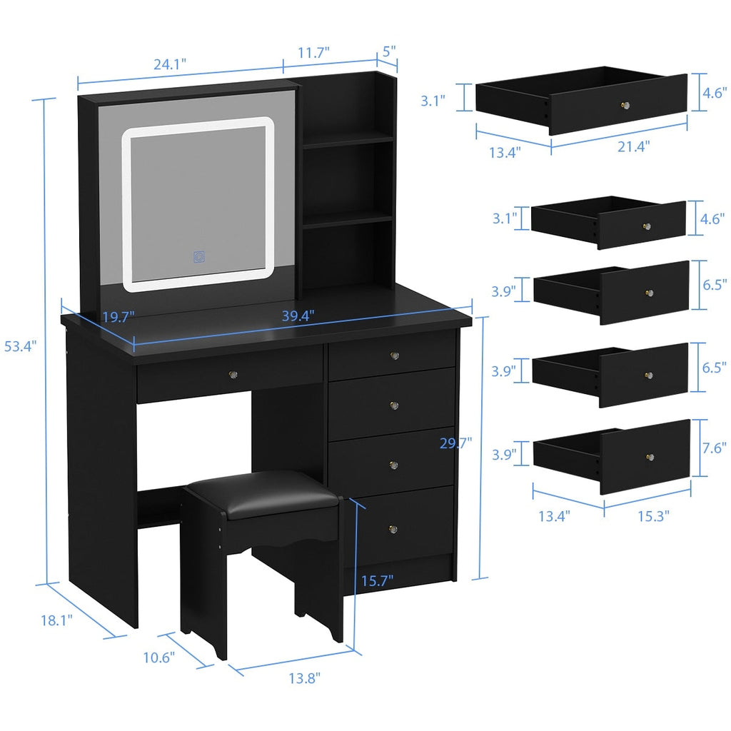 Set da trucco Kerrogee con specchio illuminato regolabile e sgabello - 39,4 L x 19,7 W x 53,5 H