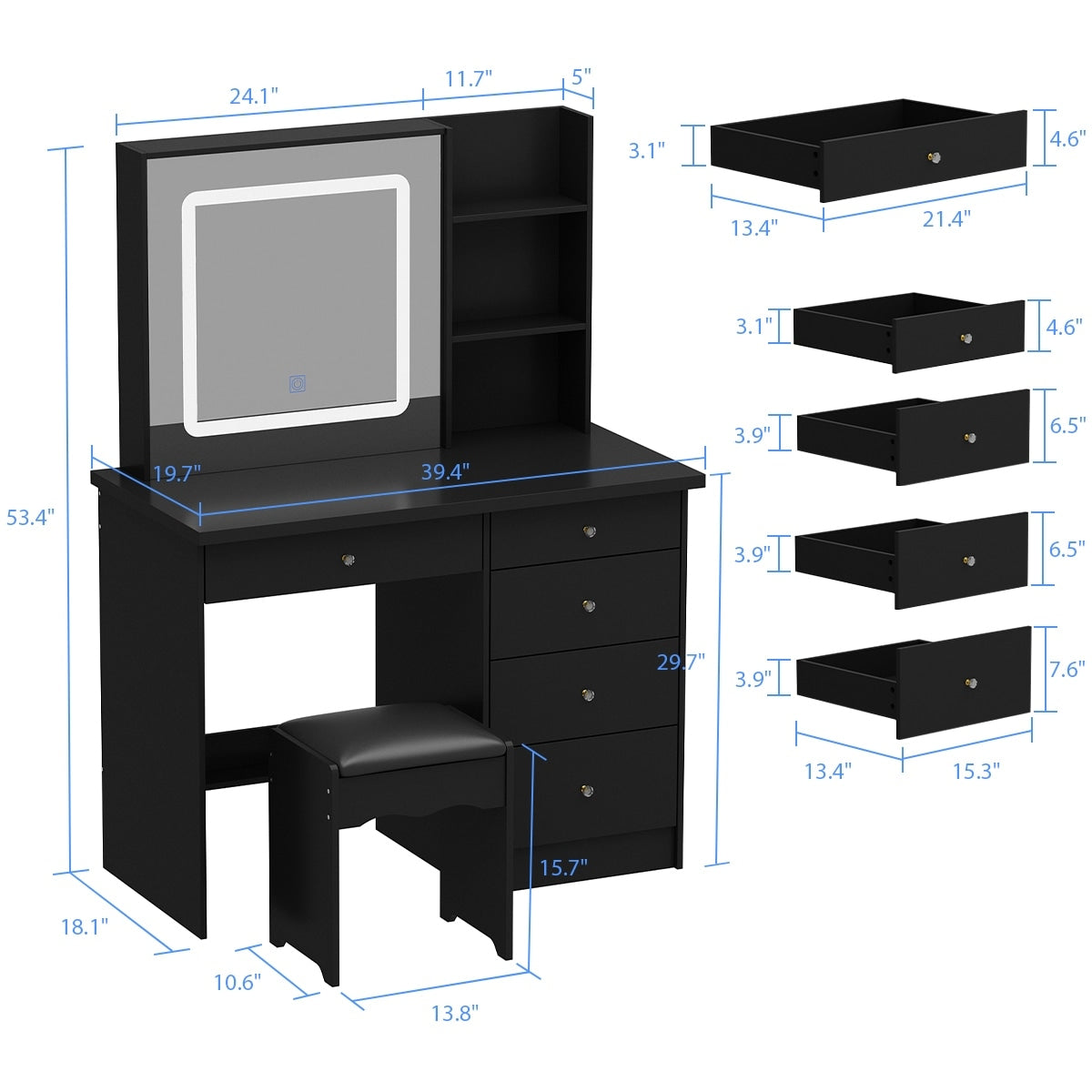 Set da trucco Kerrogee con specchio illuminato regolabile e sgabello - 39,4 L x 19,7 W x 53,5 H