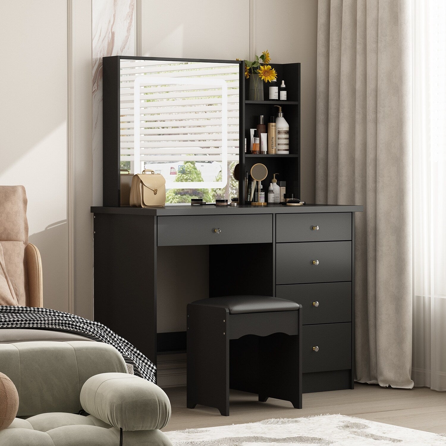 Set da trucco Kerrogee con specchio illuminato regolabile e sgabello - 39,4 L x 19,7 W x 53,5 H