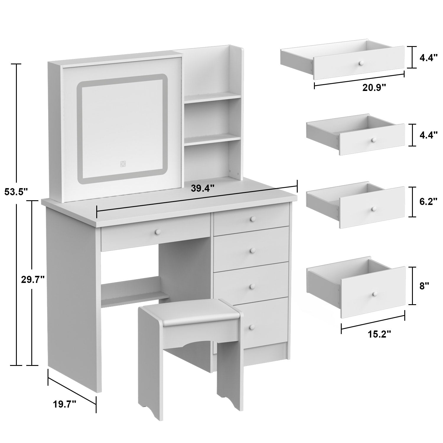 Set da trucco Kerrogee con specchio illuminato regolabile e sgabello - 39,4 L x 19,7 W x 53,5 H