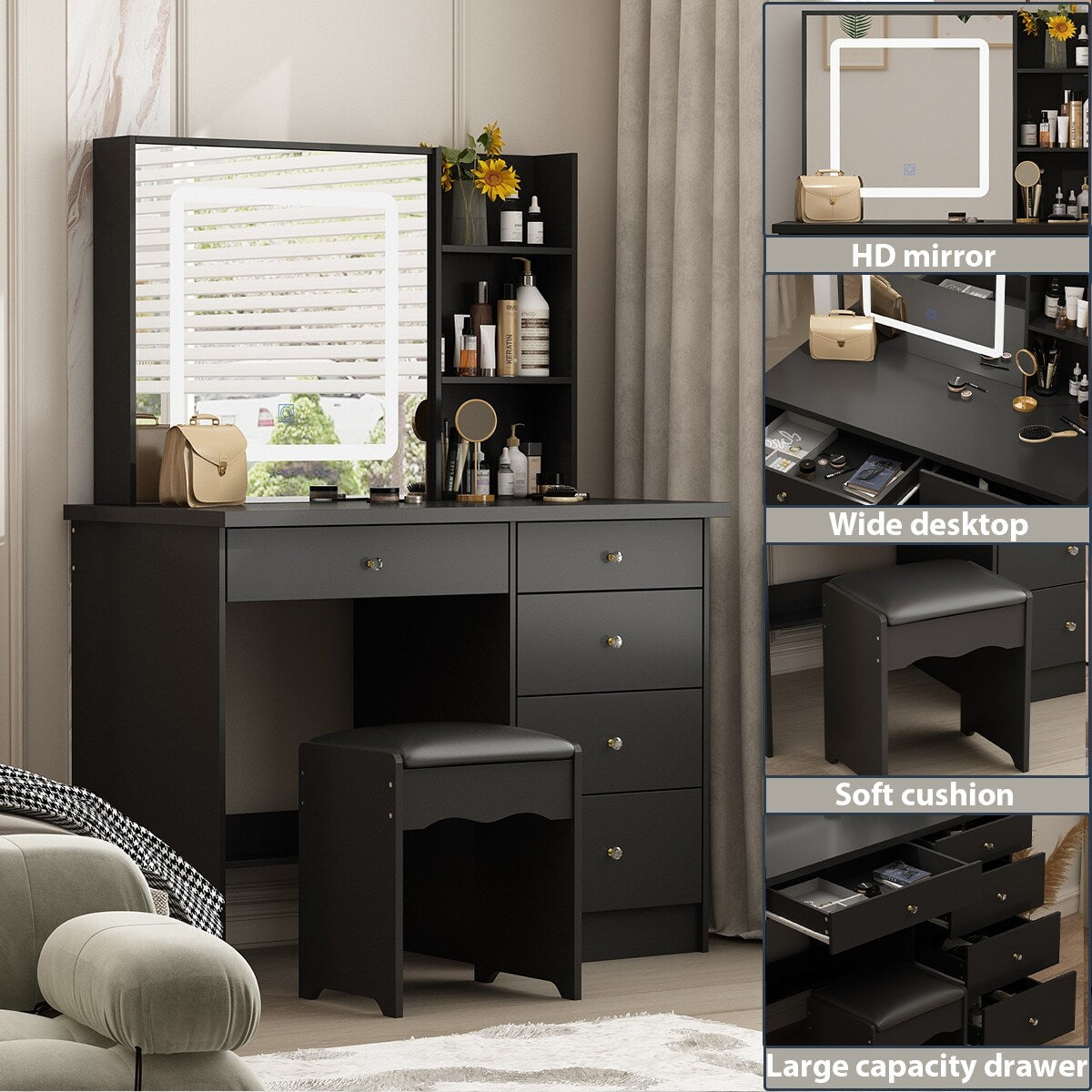 Set da trucco Kerrogee con specchio illuminato regolabile e sgabello - 39,4 L x 19,7 W x 53,5 H