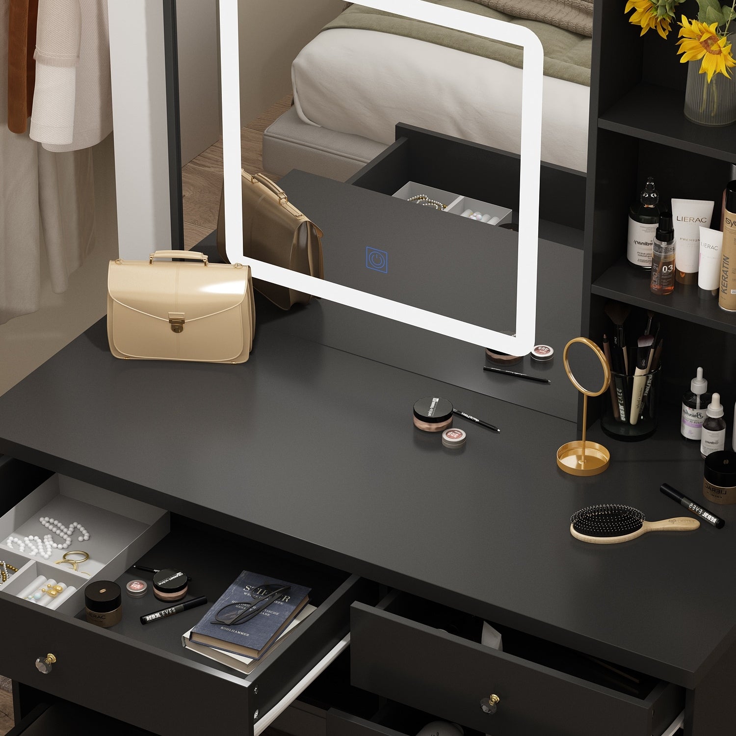 Set da trucco Kerrogee con specchio illuminato regolabile e sgabello - 39,4 L x 19,7 W x 53,5 H