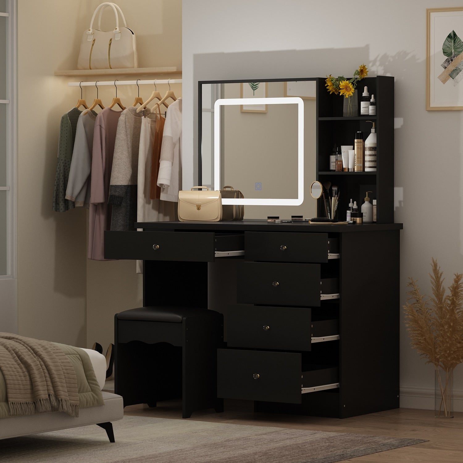 Set da trucco Kerrogee con specchio illuminato regolabile e sgabello - 39,4 L x 19,7 W x 53,5 H