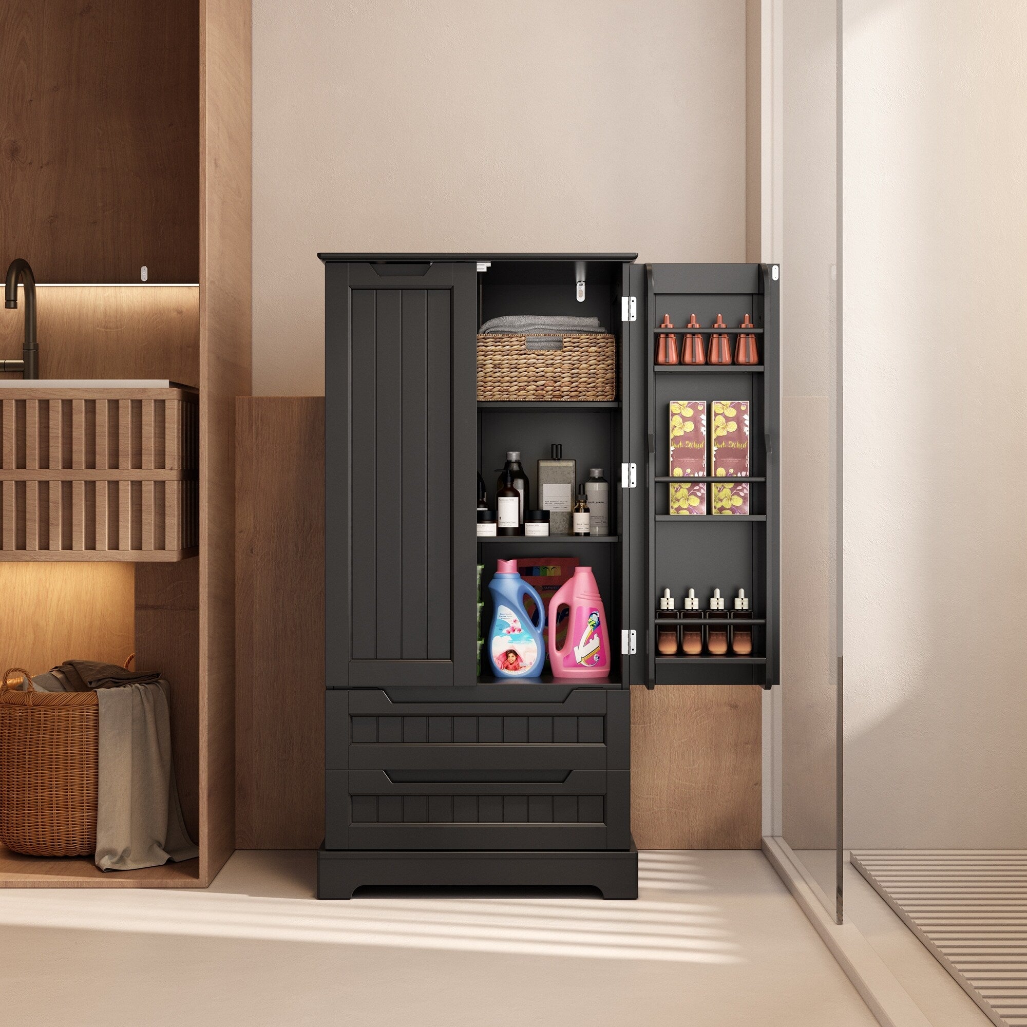 Mobile dispensa da cucina, mobiletto da bagno indipendente con 2 ante e cassetti
