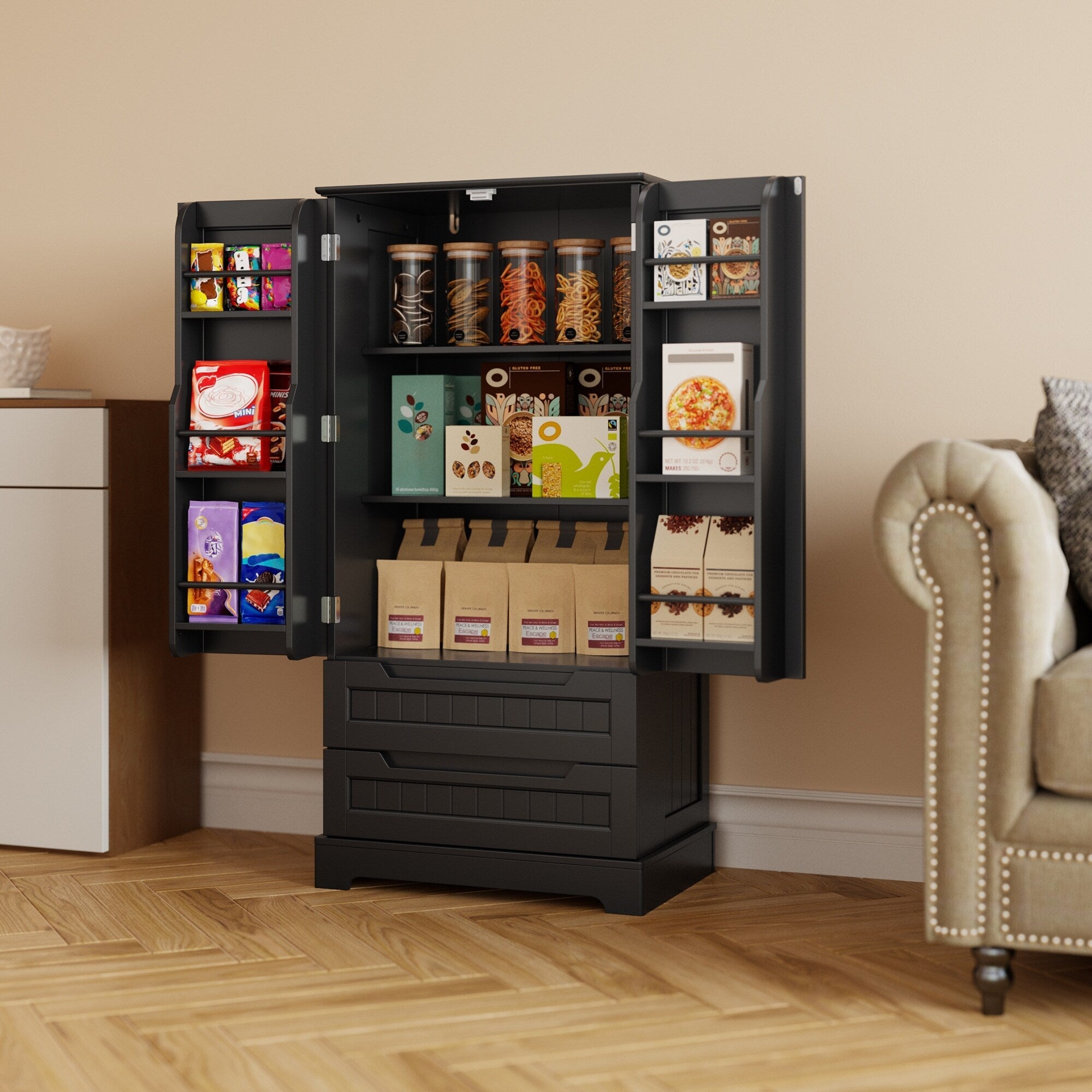 Mobile dispensa da cucina, mobiletto da bagno indipendente con 2 ante e cassetti