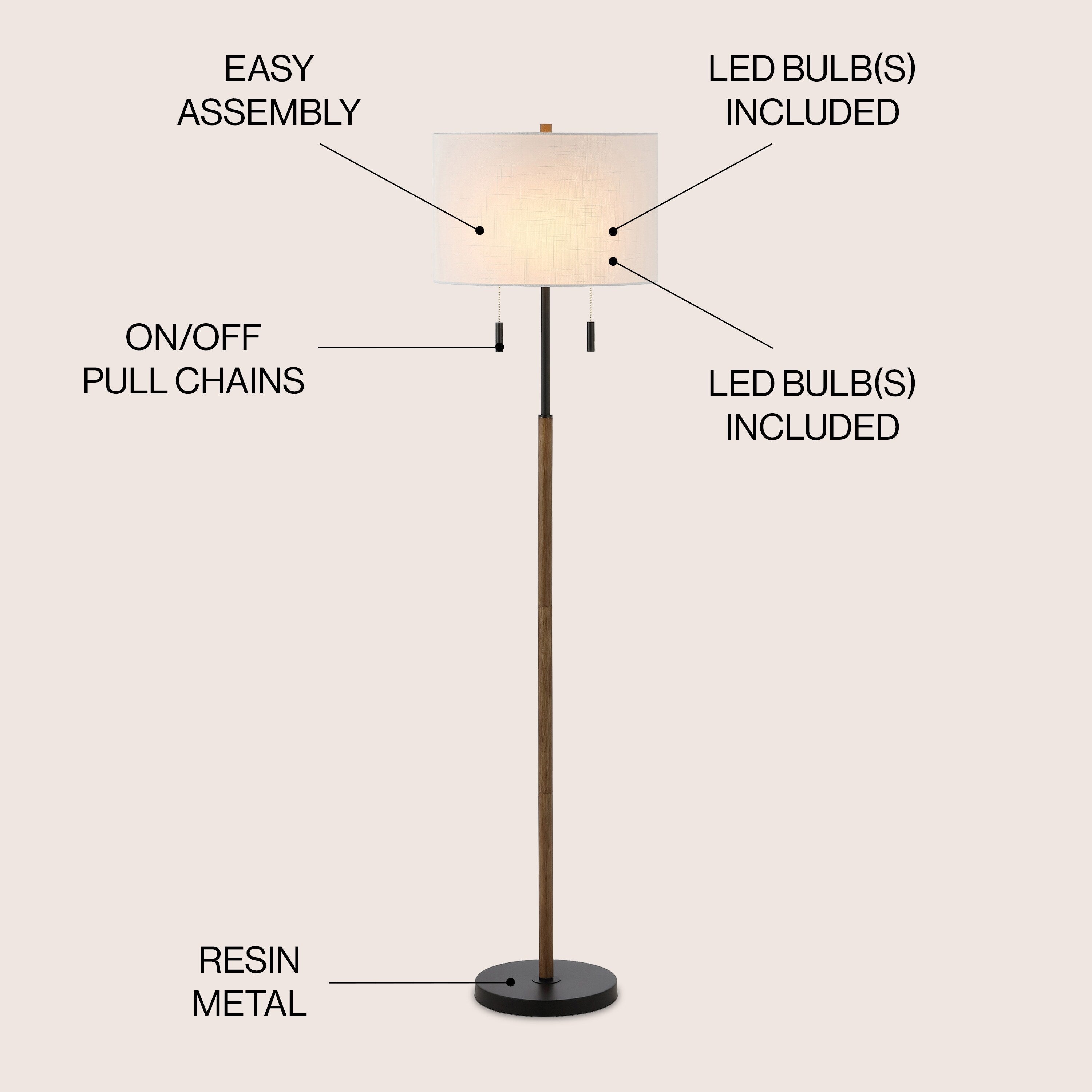 Lampada da terra a LED con candeliere in ferro rustico Koda 61, finitura in legno marrone/nero di JONATHAN Y
