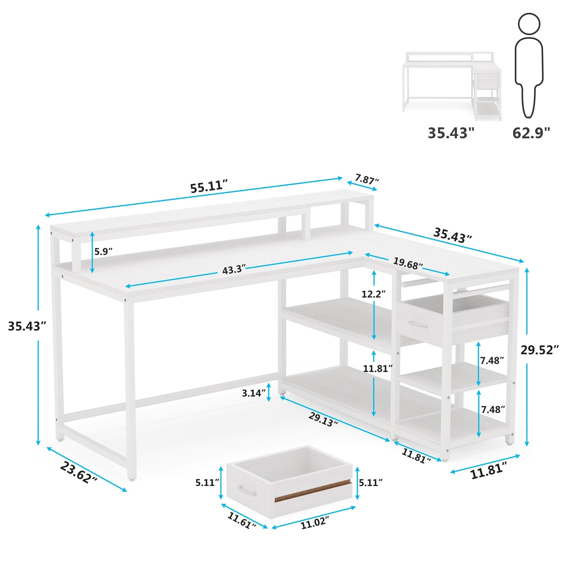 Scrivania a L con cassetto, scrivania angolare per ufficio domestico con ripiani portaoggetti e supporto per monitor, scrivania rustica per PC per piccoli spazi