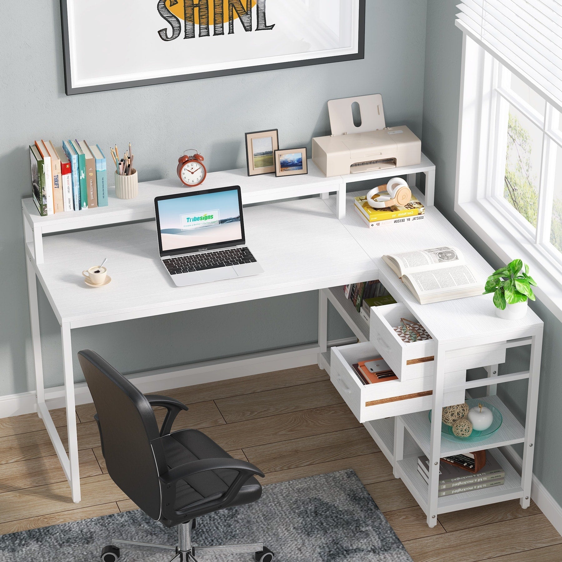 Scrivania a L con cassetto, scrivania angolare per ufficio domestico con ripiani portaoggetti e supporto per monitor, scrivania rustica per PC per piccoli spazi
