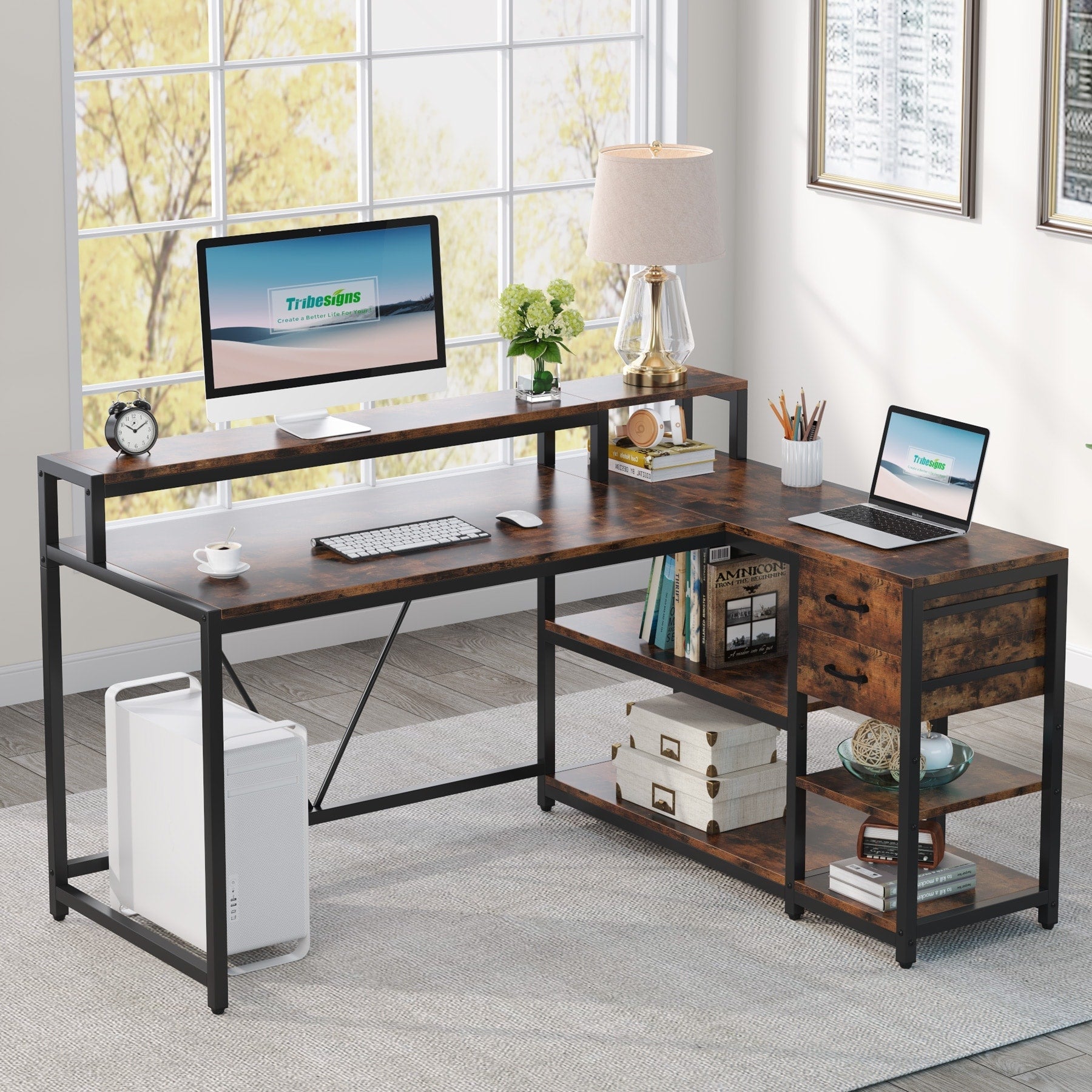 Scrivania a L con cassetto, scrivania angolare per ufficio domestico con ripiani portaoggetti e supporto per monitor, scrivania rustica per PC per piccoli spazi